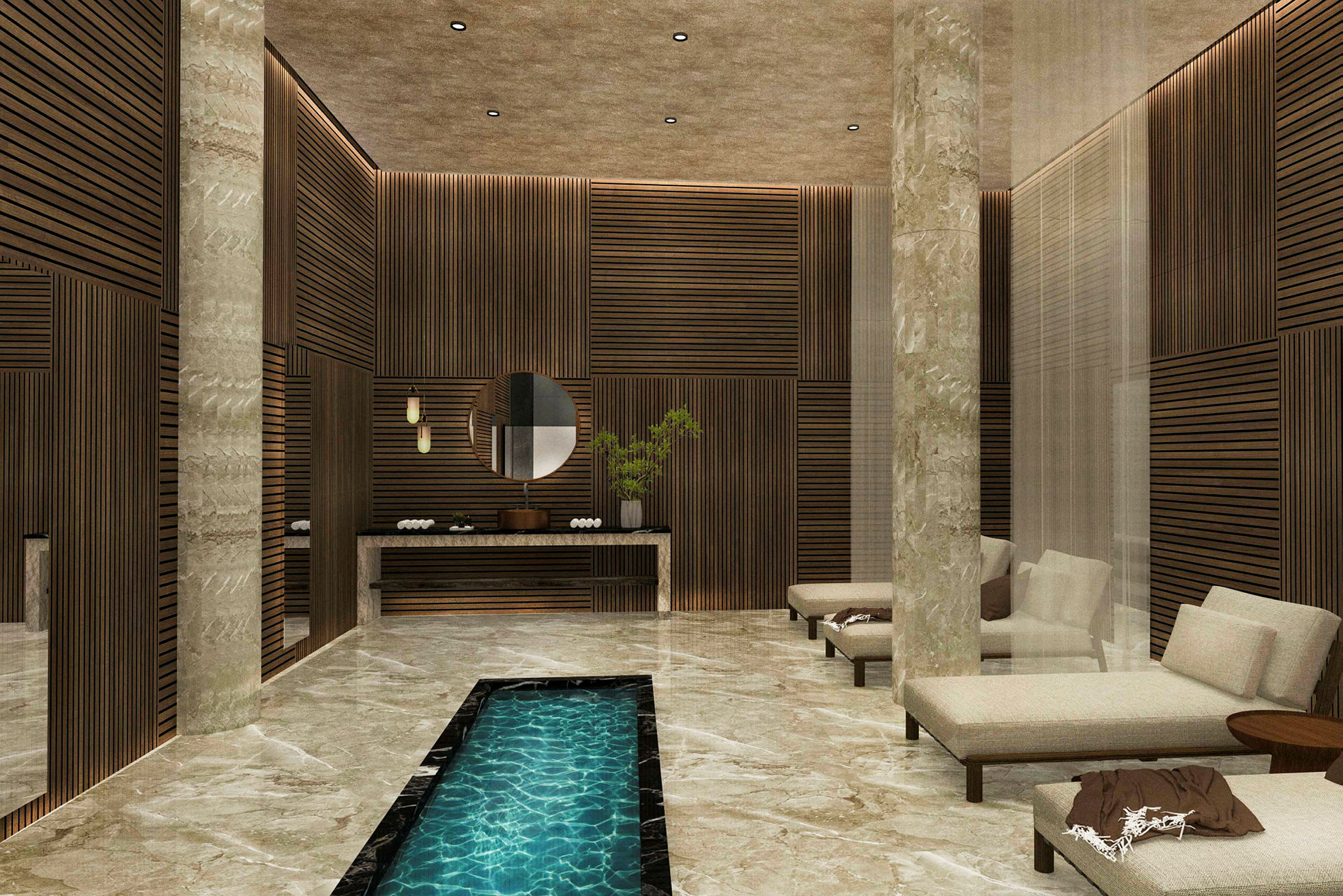 Tyylikäs spa-huone, jossa on marmorilattia, oleskeluhuonekalut ja pitkä kapea sisäallas. (Tekoälyn luoma teksti)