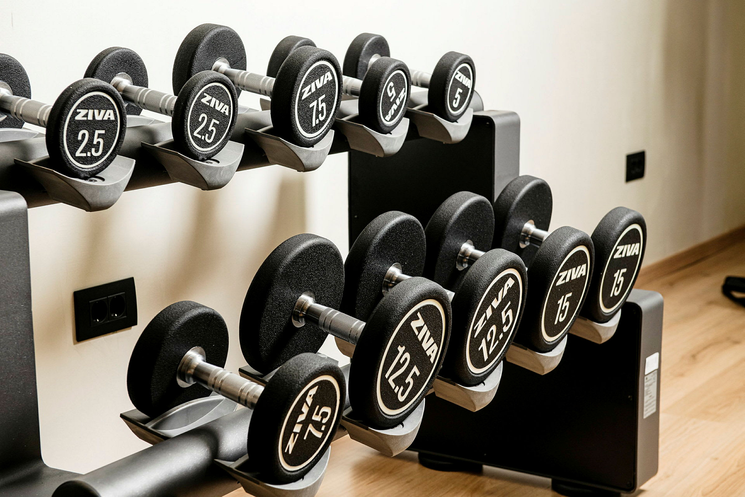 Käsipainoteline, jossa on eri kokoisia painoja kuntosalilla. (Tekoälyn luoma teksti)