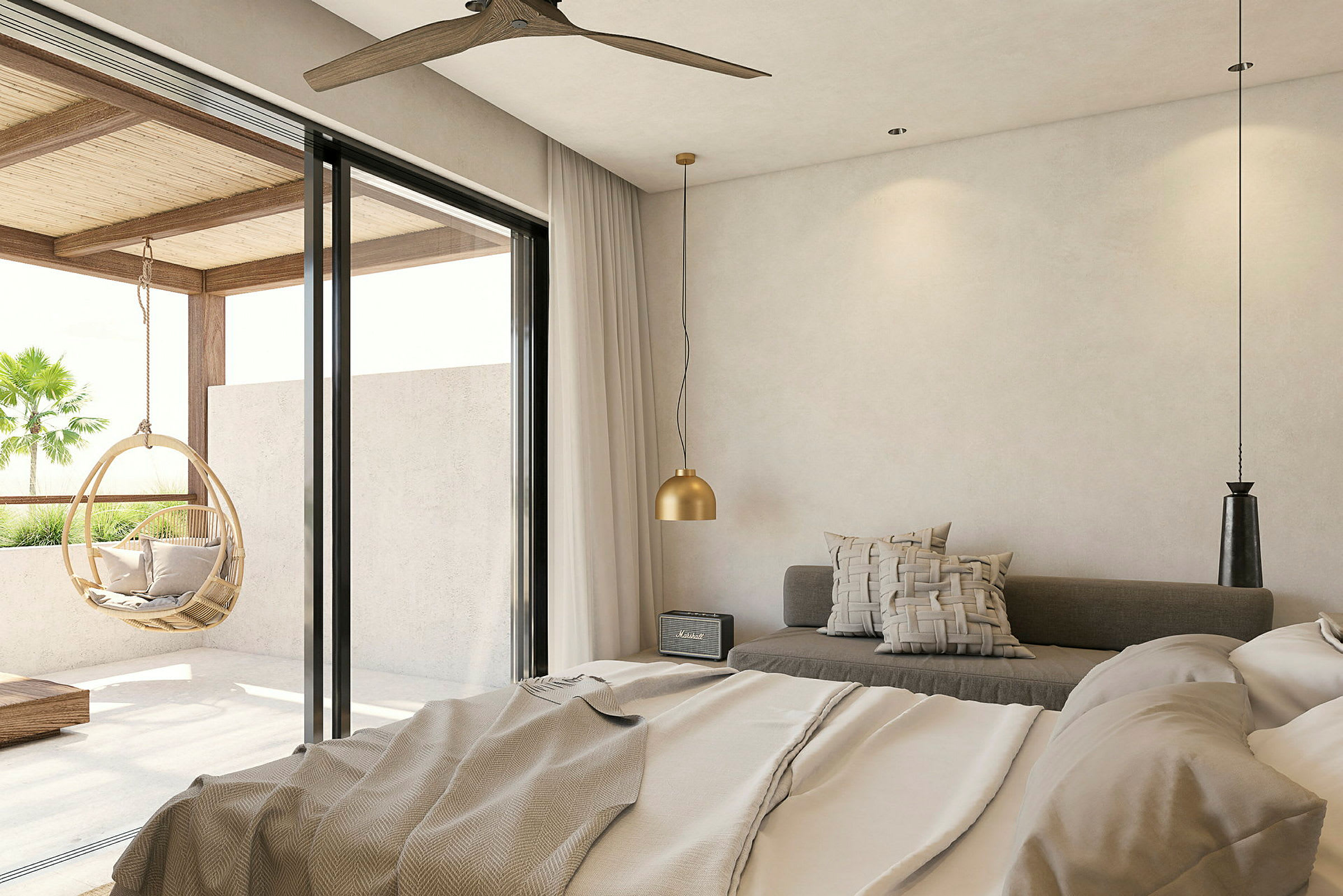 Modernisti sisustettu hotellihuone, jossa sänky, istuinalue ja suuret lasiovet, jotka avautuvat parvekkeelle, jossa roikkuva korituoli. (Tekoälyn luoma teksti)