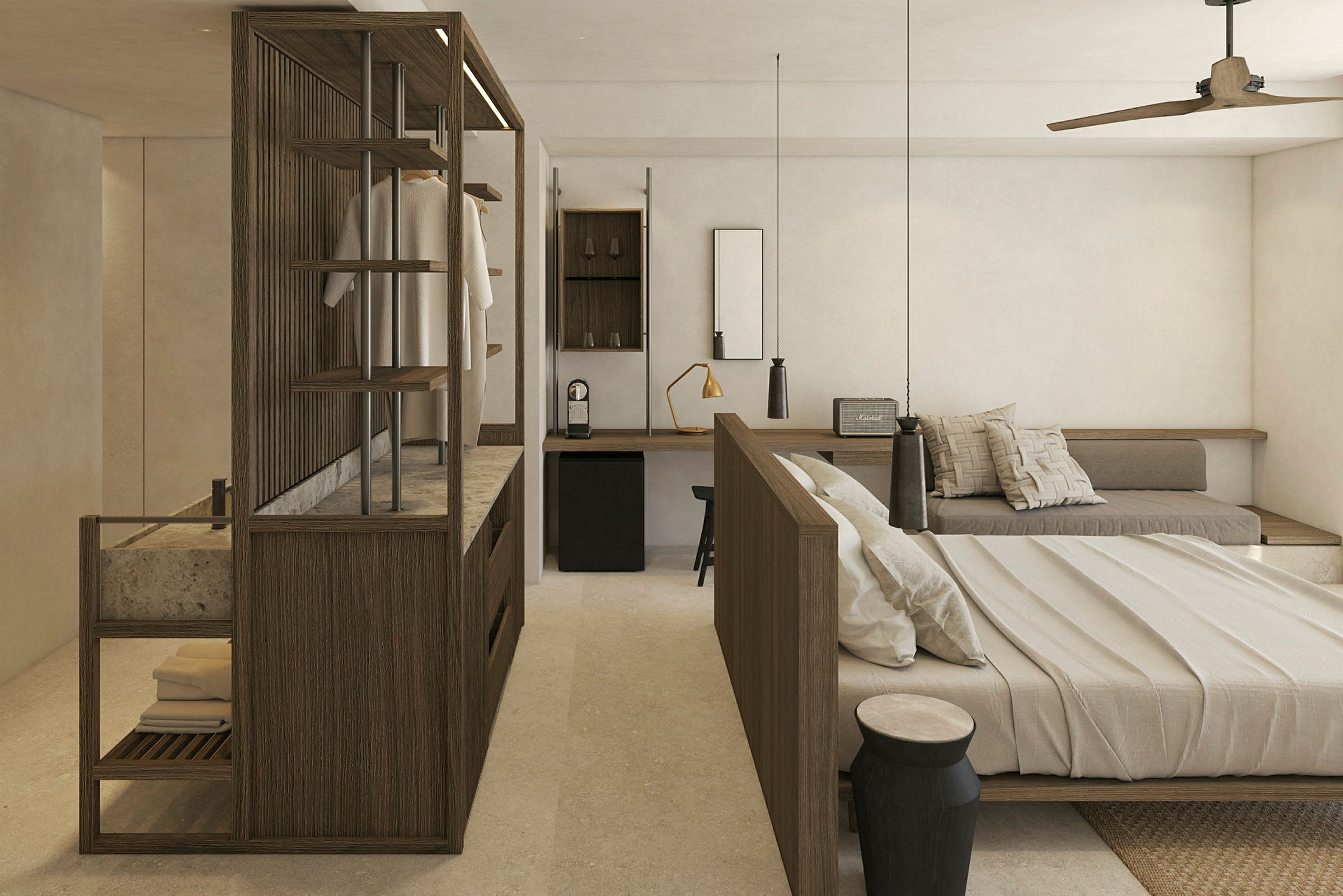 Moderni hotellihuone puisella sisustuksella ja vaaleilla väreillä. (Tekoälyn luoma teksti)