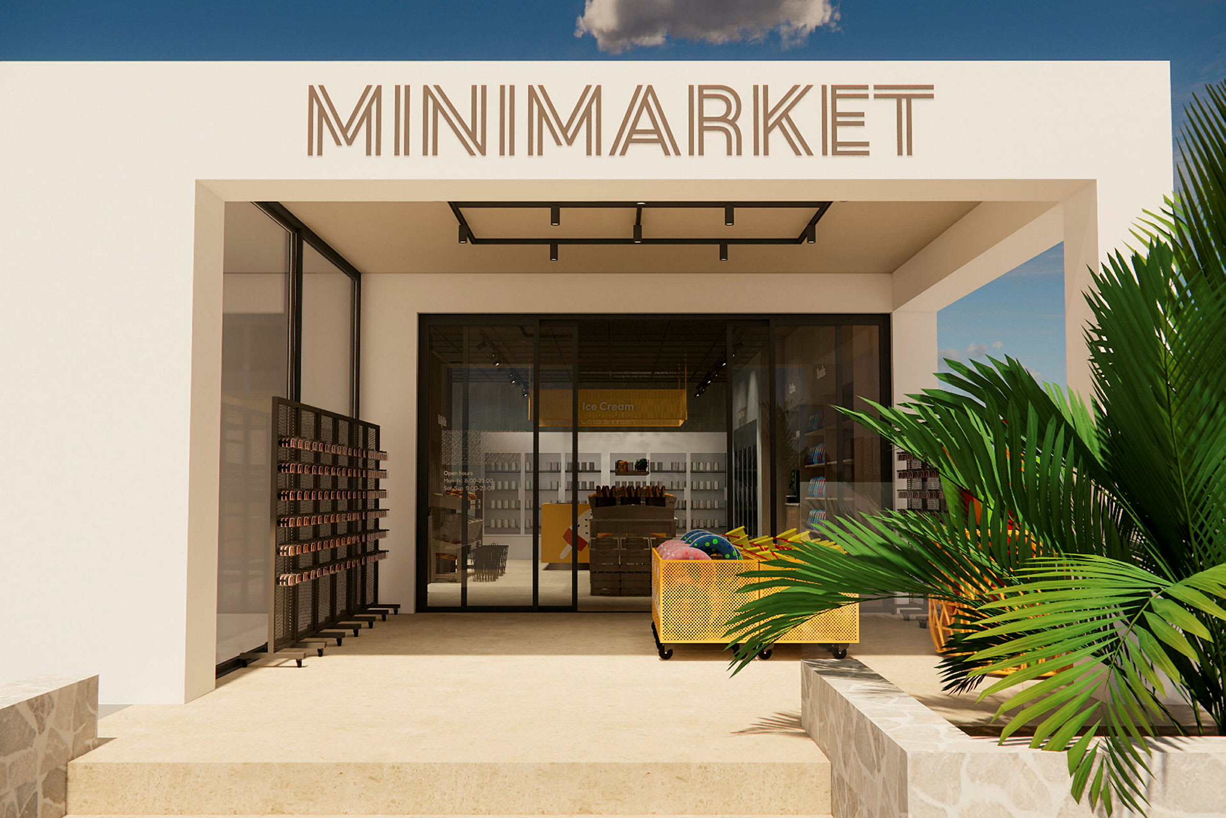 Pieni kauppa, jonka yläpuolella lukee "Minimarket", ympäröitynä auringolla ja vihreillä kasveilla. (Tekoälyn luoma teksti)