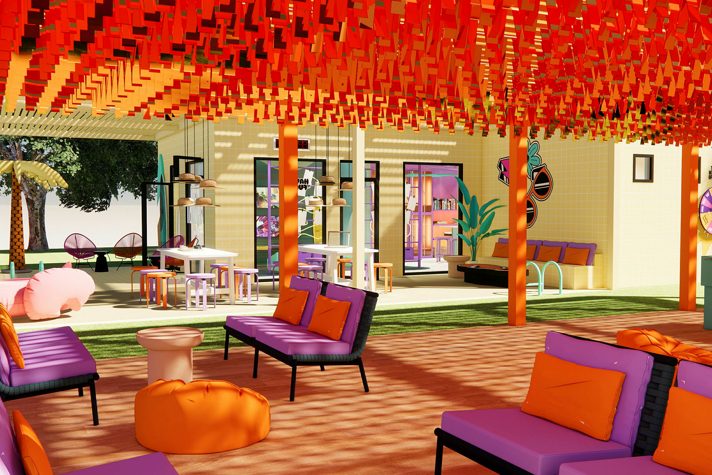 Värikäs lounge-alue, jossa on oransseja ja violetteja huonekaluja sekä koristeita. Katto on koristeltu punaisilla roikkuvilla yksityiskohdilla, ja alue avautuu sisäpihalle. (Tekoälyn luoma teksti)