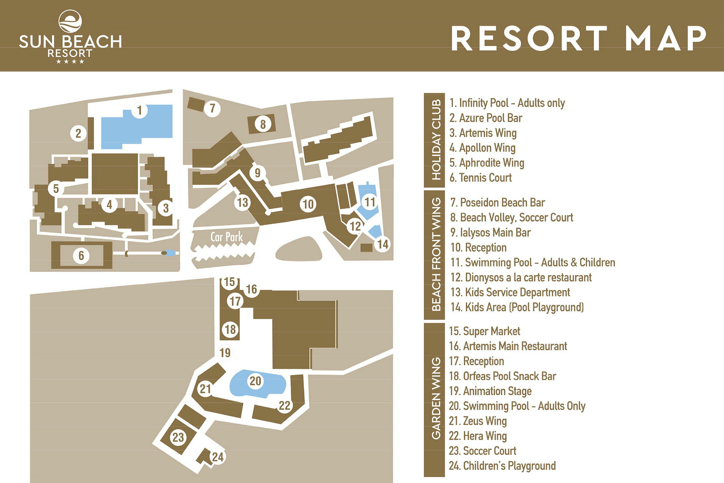 Karttakuva Sun Beach Resortista alueineen ja rakennuksineen. (Tekoälyn luoma teksti)