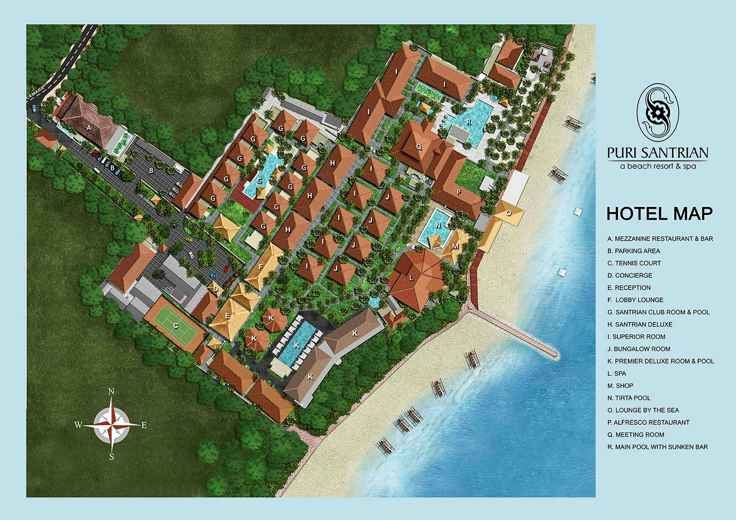 Kartta Puri Santrian Beach Resort & Spa -lomakeskuksesta, mukaan lukien rakennukset ja palvelut. (Tekoälyn luoma teksti)