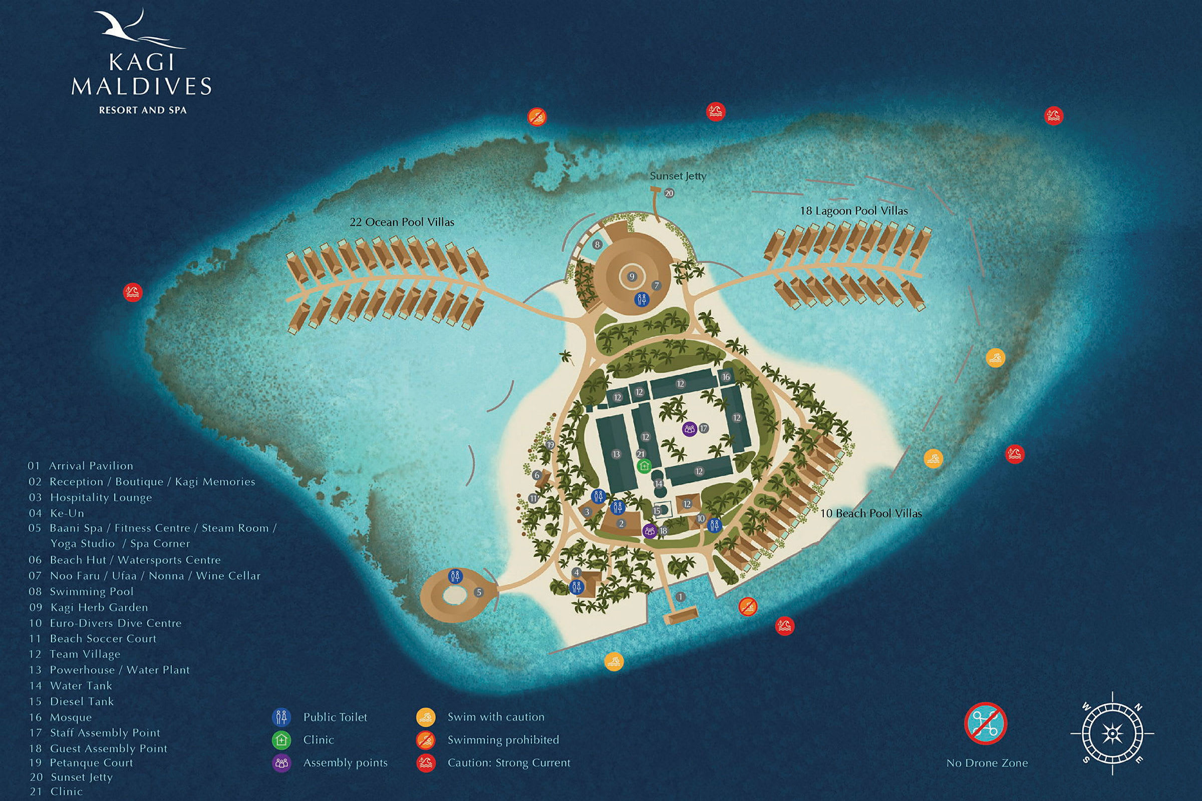 Kuvaluettelo Kagi Maldives Resortista ja sen tarjonnasta. (Tekoälyn luoma teksti)