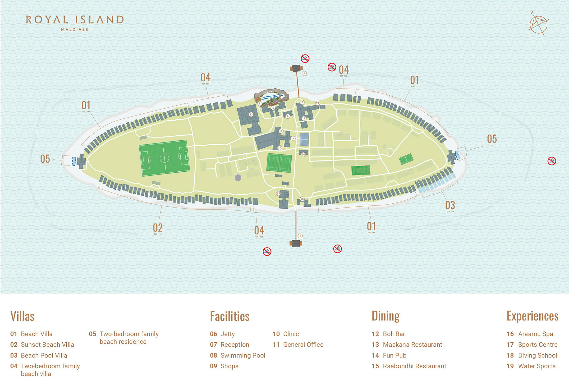 Kartta Royal Island Maldivesista, joka näyttää lomakeskuksen pohjapiirroksen ja palvelut. (Tekoälyn luoma teksti)