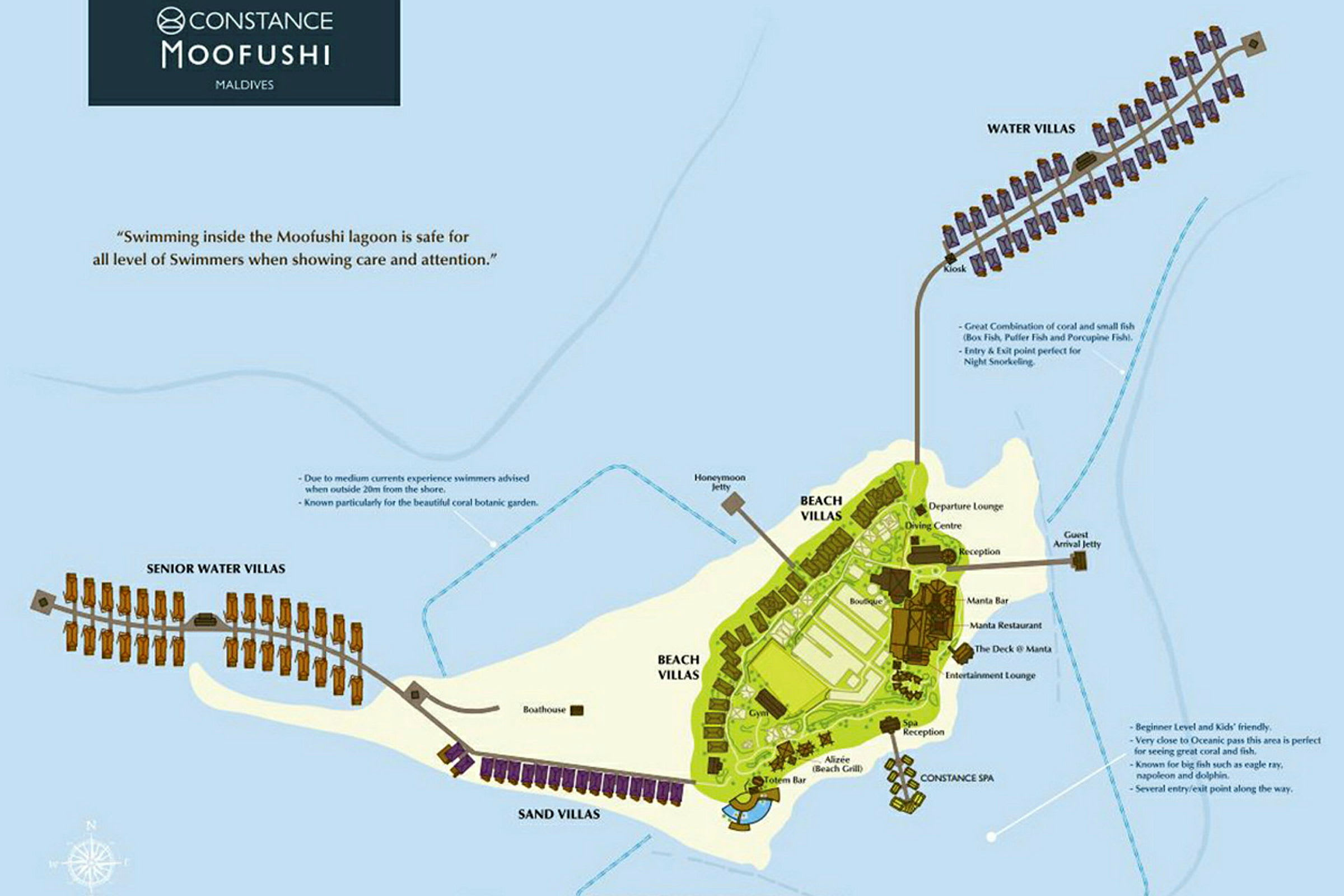 Kartta Constance Moofushi Resortista Malediiveilla, mukaan lukien eri tyyppiset huvilat ja palvelut. (Tekoälyn luoma teksti)