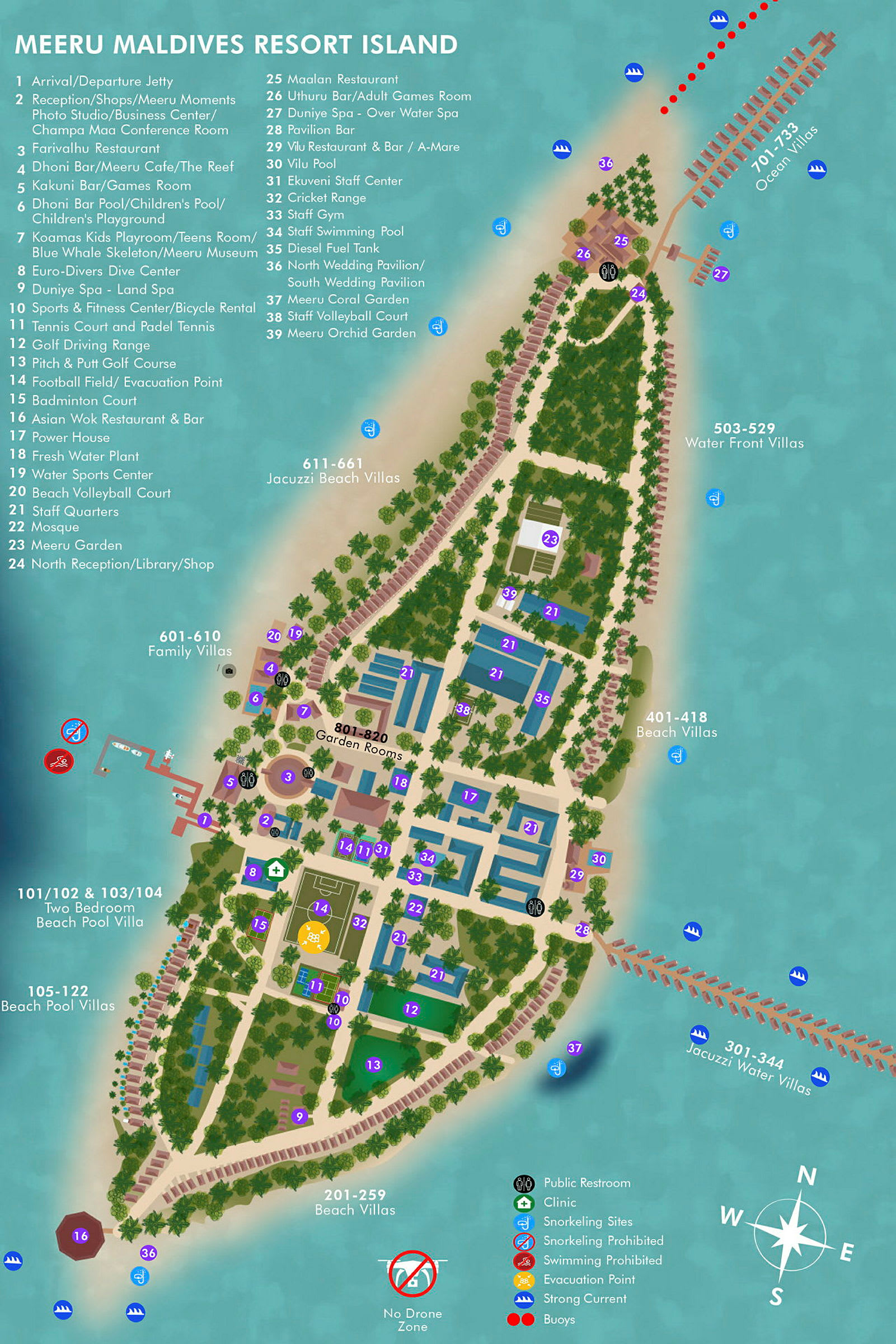 Meeru Maldives Resort Islandin kartta, jossa esitetään merkittyjä paikkoja ja tiloja. (Tekoälyn luoma teksti)