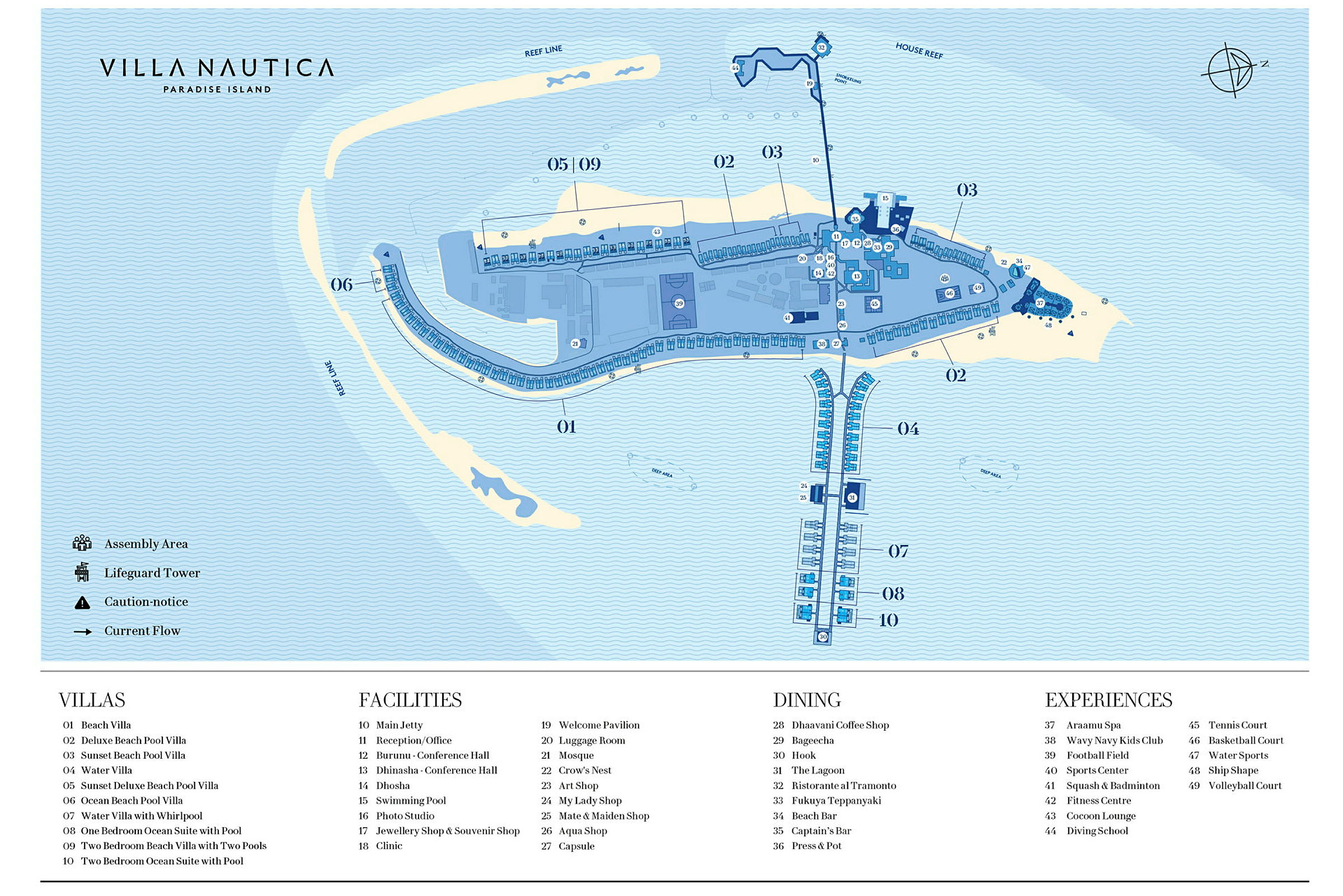 Kartta Villa Nautica Paradise Islandista, jossa on merkitty eri alueet, tilat ja huvilat. (Tekoälyn luoma teksti)