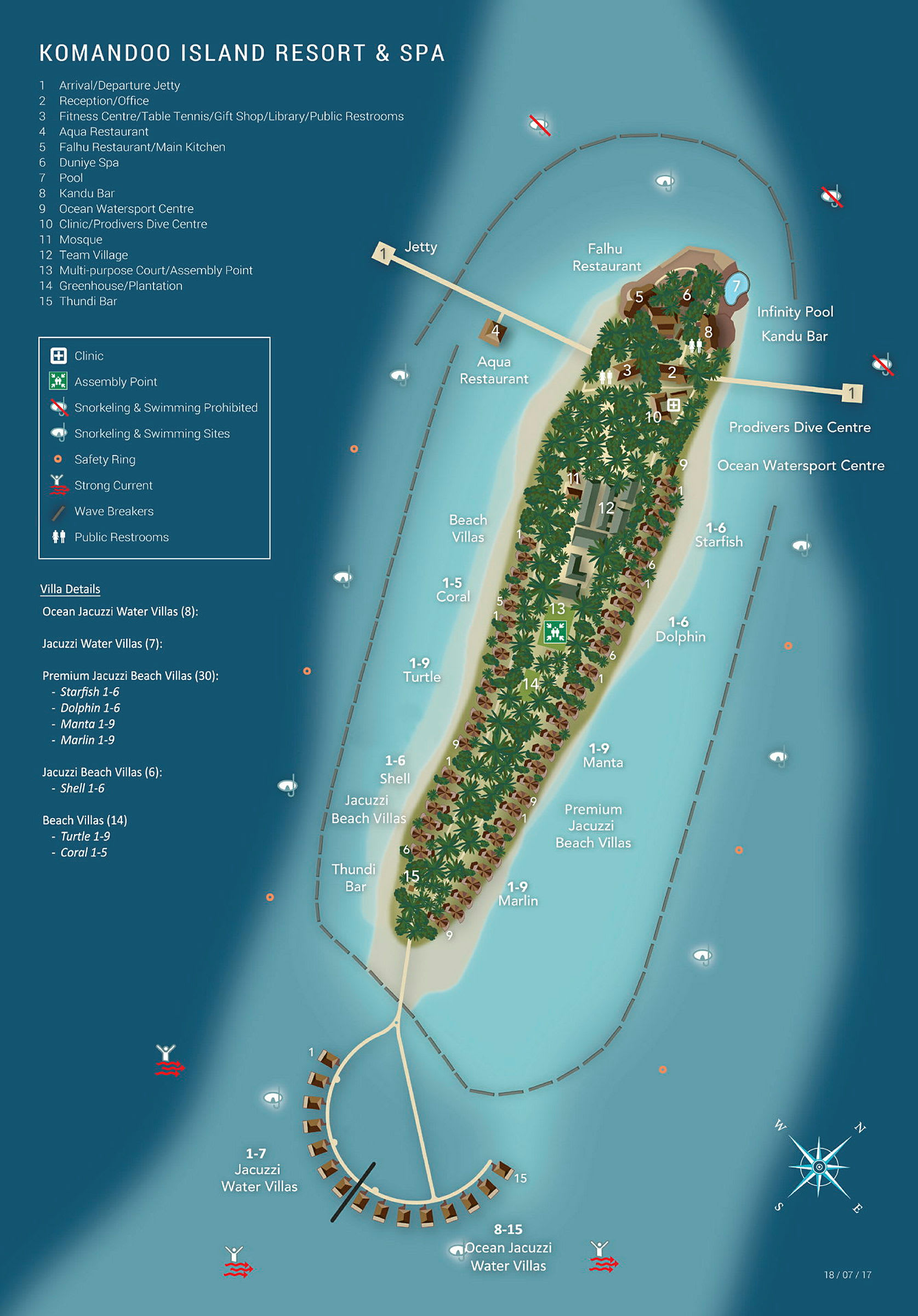 Kartta Komandoo Island Resort & Spasta, joka esittelee lomakeskuksen asettelun majoitustilojen, palveluiden ja aktiviteettien osalta. (Tekoälyn luoma teksti)