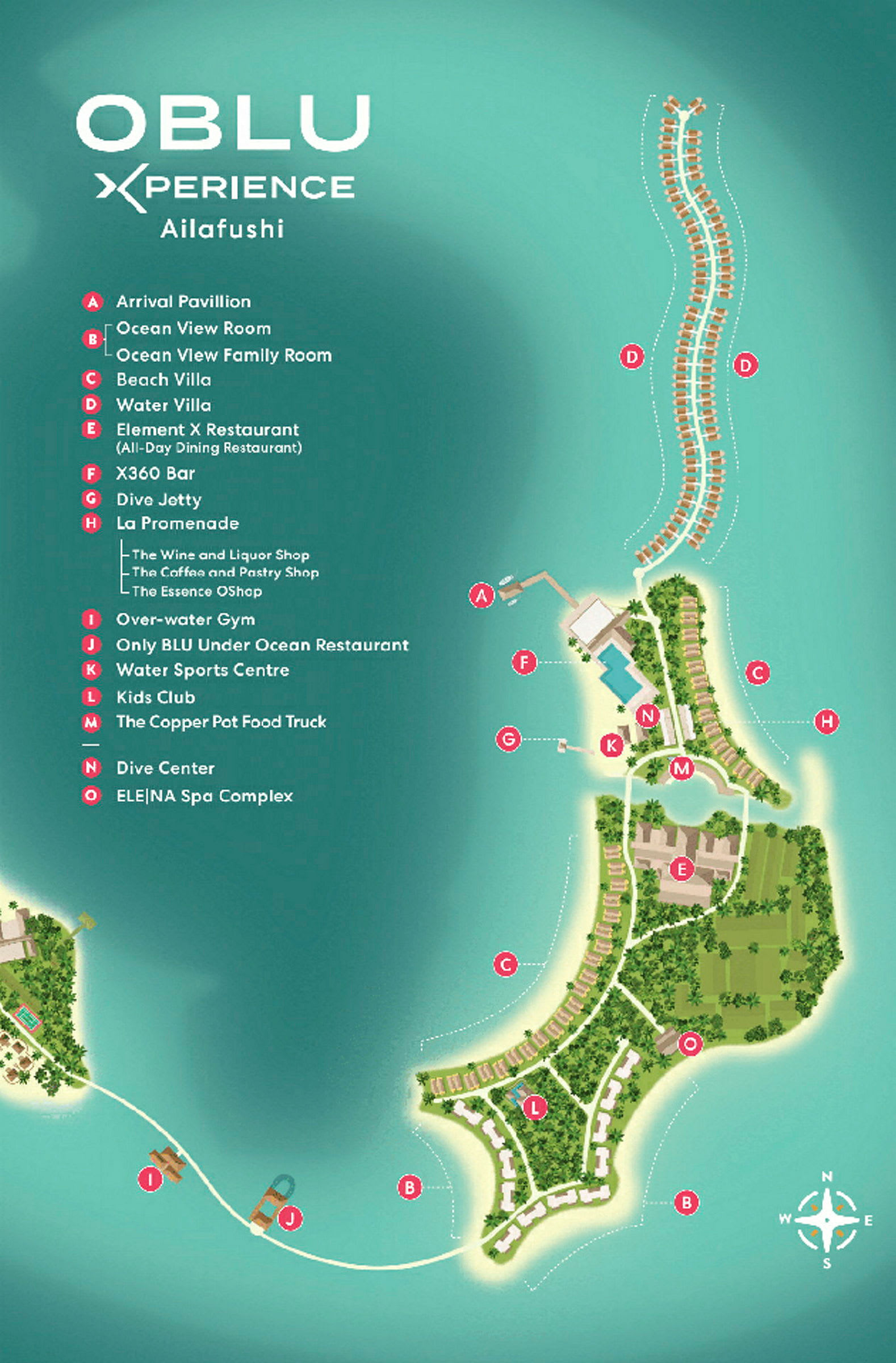 Kartta OBLU Xperience Ailafushi -lomakeskuksesta, jossa on merkitty eri palvelut. (Tekoälyn luoma teksti)
