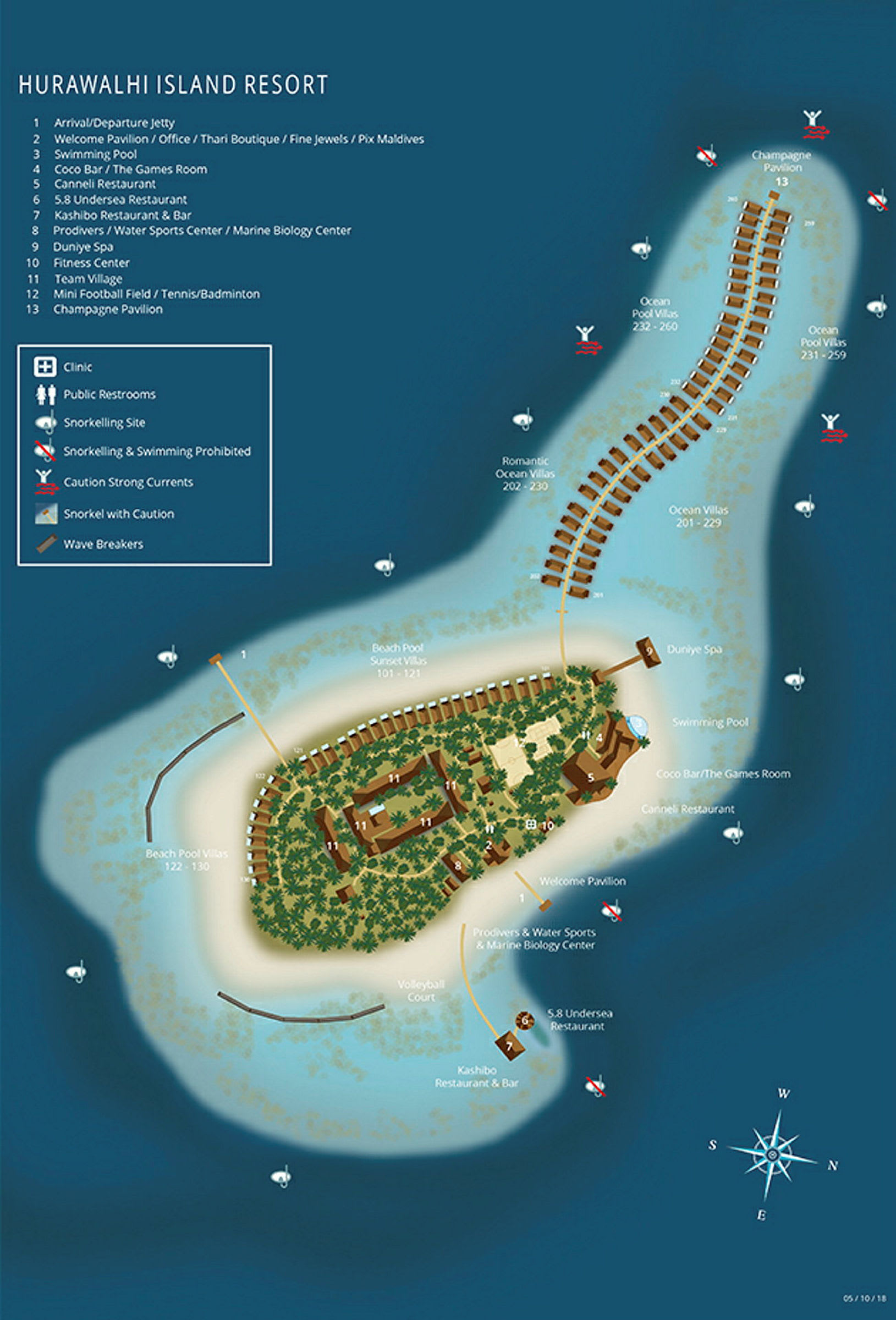 Kartta Hurawalhi Island Resortista, jossa on merkitty palvelut ja majoitusvaihtoehdot. (Tekoälyn luoma teksti)
