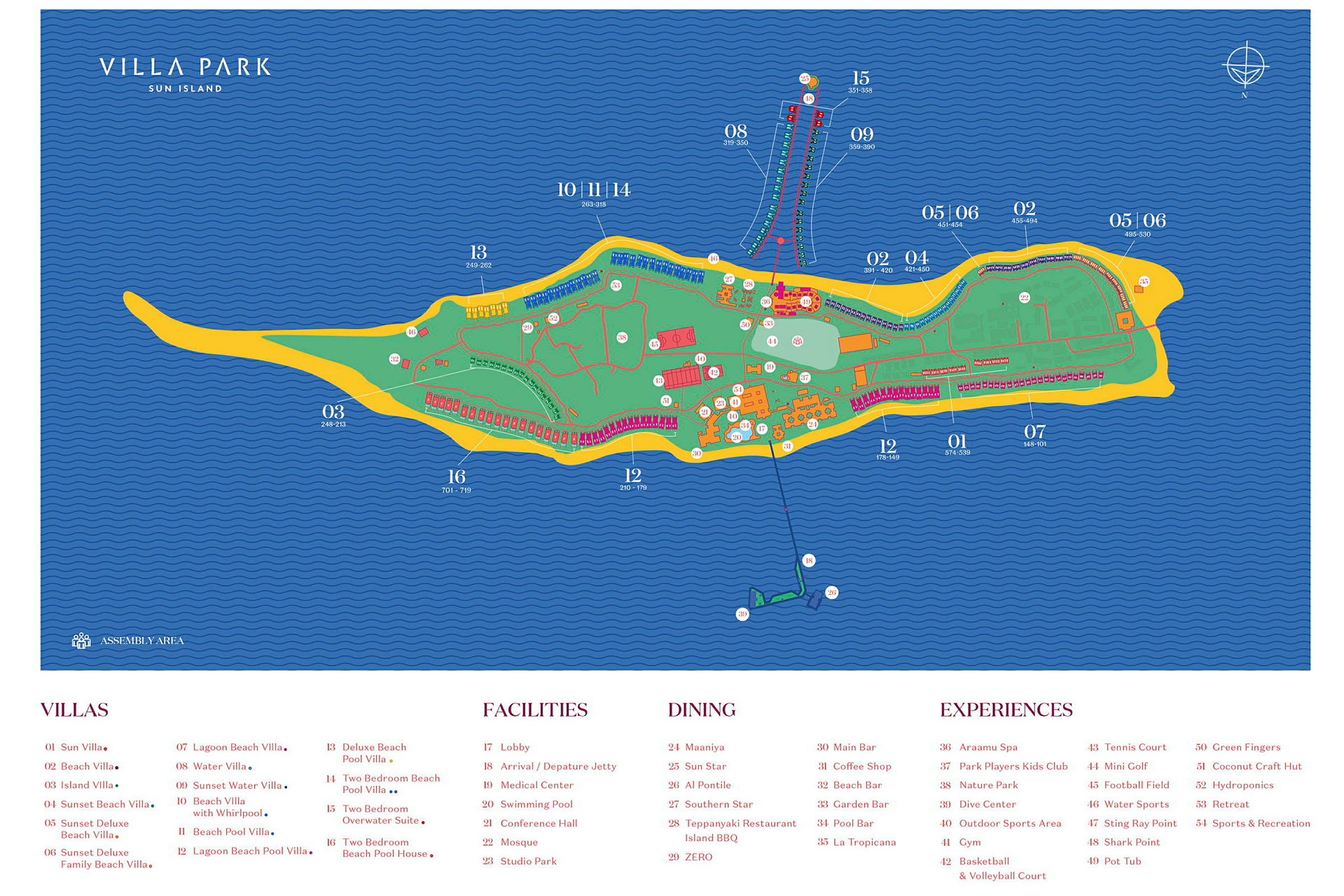 Kartta Villa Parkista Sun Islandilla, jossa on merkitty erilaisia rakennuksia, palveluja ja alueita. (Tekoälyn luoma teksti)