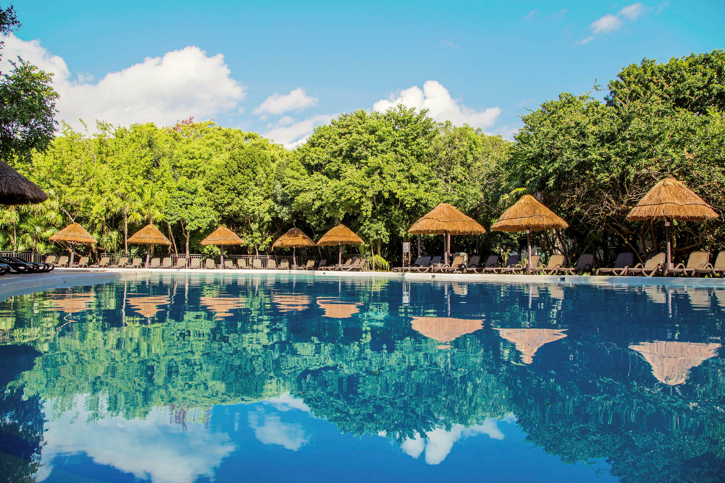 Suuri allas, jossa peilityyni vesi, ympärillä lepotuoleja ja olkikattoisia aurinkovarjoja vehreyden keskellä. (Tekoälyn luoma teksti)