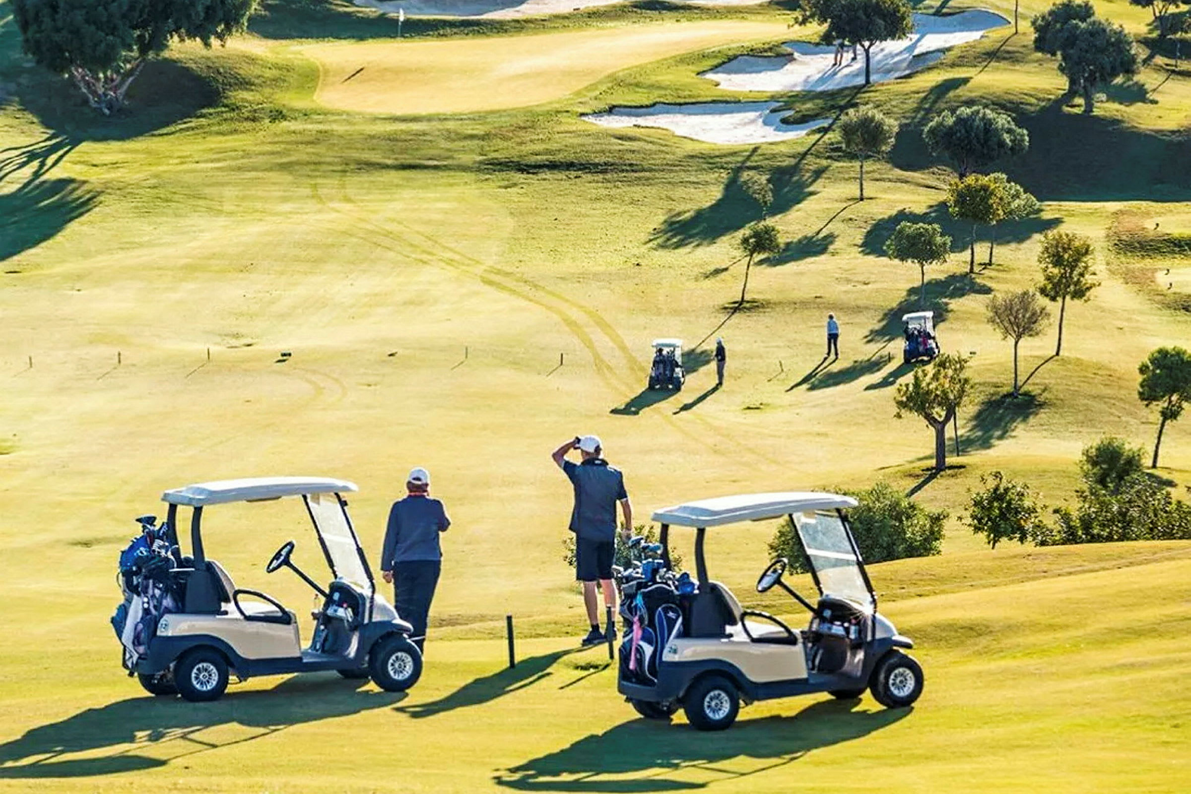 Golfkenttä golfvaunuineen ja pelaajineen. (Tekoälyn luoma teksti)