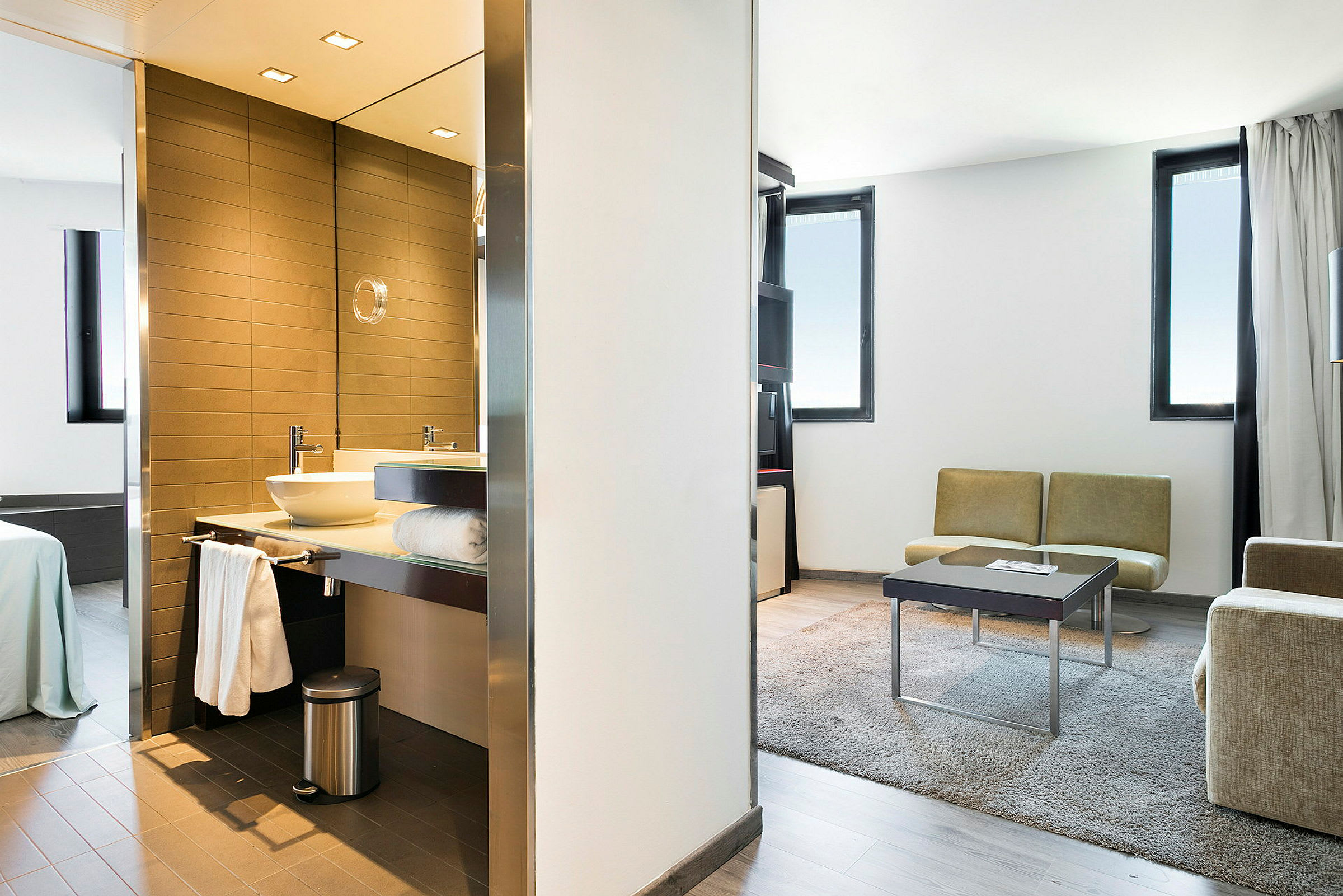 Moderni hotellihuone, jossa kylpyhuoneen pesuallas ja peili vasemmalla, makuuhuone sängyllään taaempana, sekä olohuone, jossa sohvat, pöytä ja matto oikealla. (Tekoälyn luoma teksti)