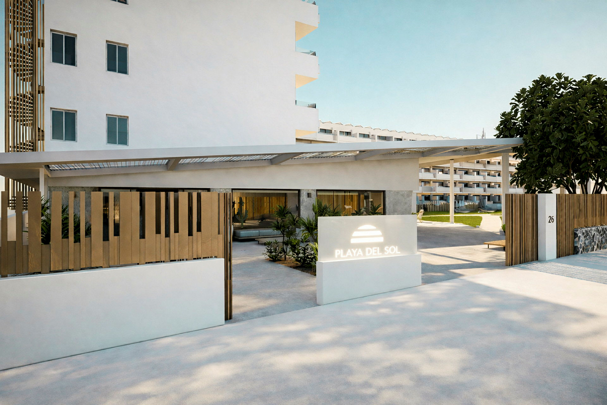 Hotellialueen sisäänkäynti nimeltä Playa del Sol, sisältäen modernia arkkitehtuuria ja kasveja rakennusten ympärillä. (Tekoälyn luoma teksti)