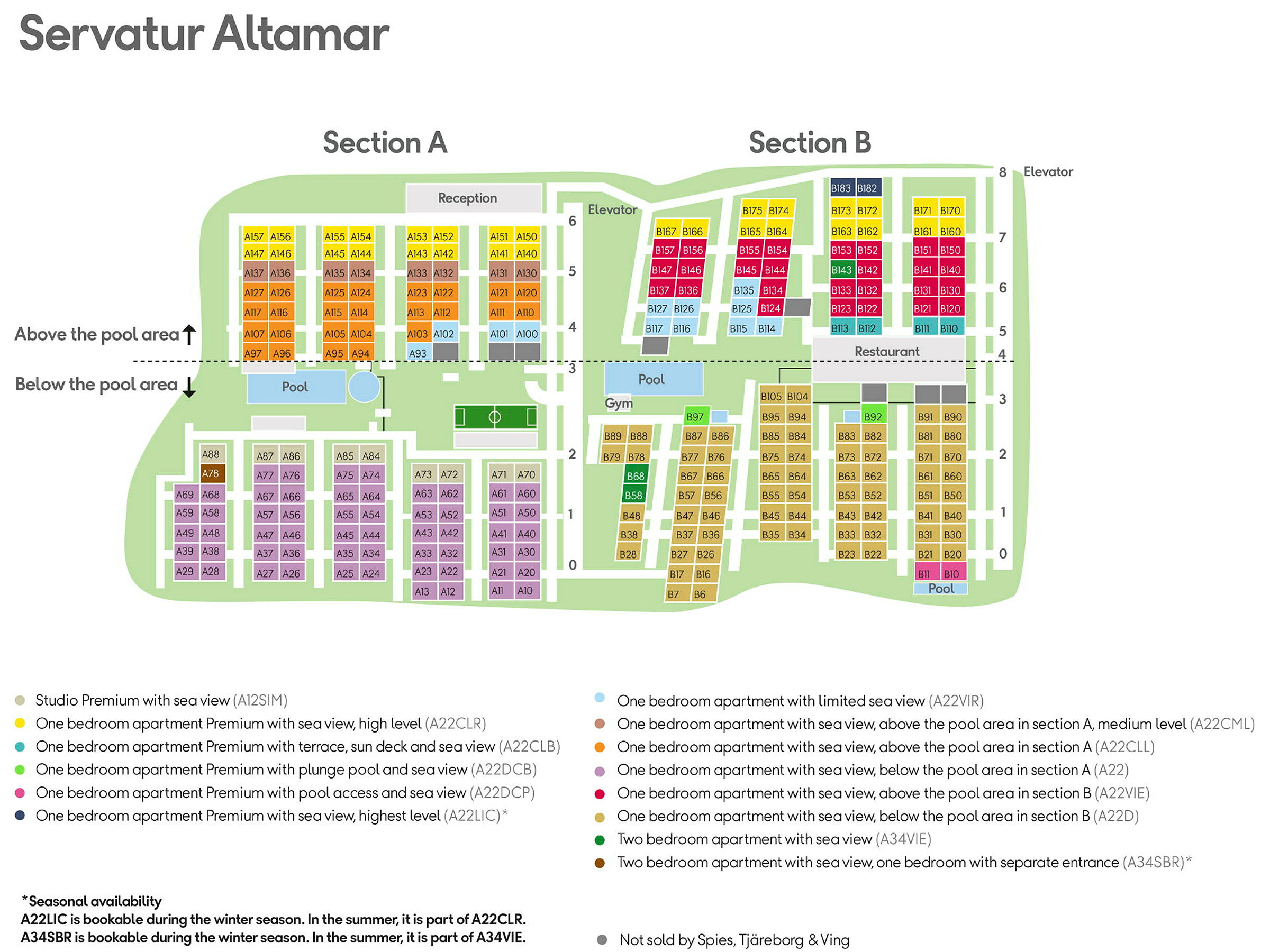 Graafinen kartta Servatur Altamar -hotellialueesta, jossa näkyvät osiot A ja B, mukaan lukien altaat, kuntosali ja merkatut huoneistot. (Tekoälyn luoma teksti)