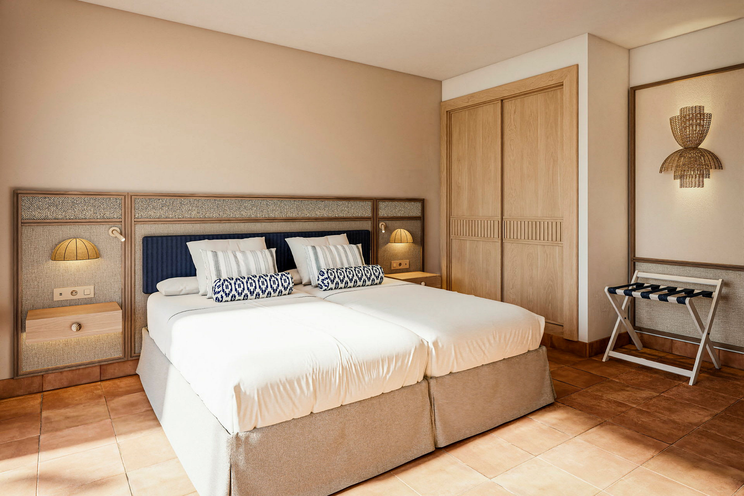 Hotellihuone, jossa on parivuode, puukalusteet ja moderni muotoilu. (Tekoälyn luoma teksti)