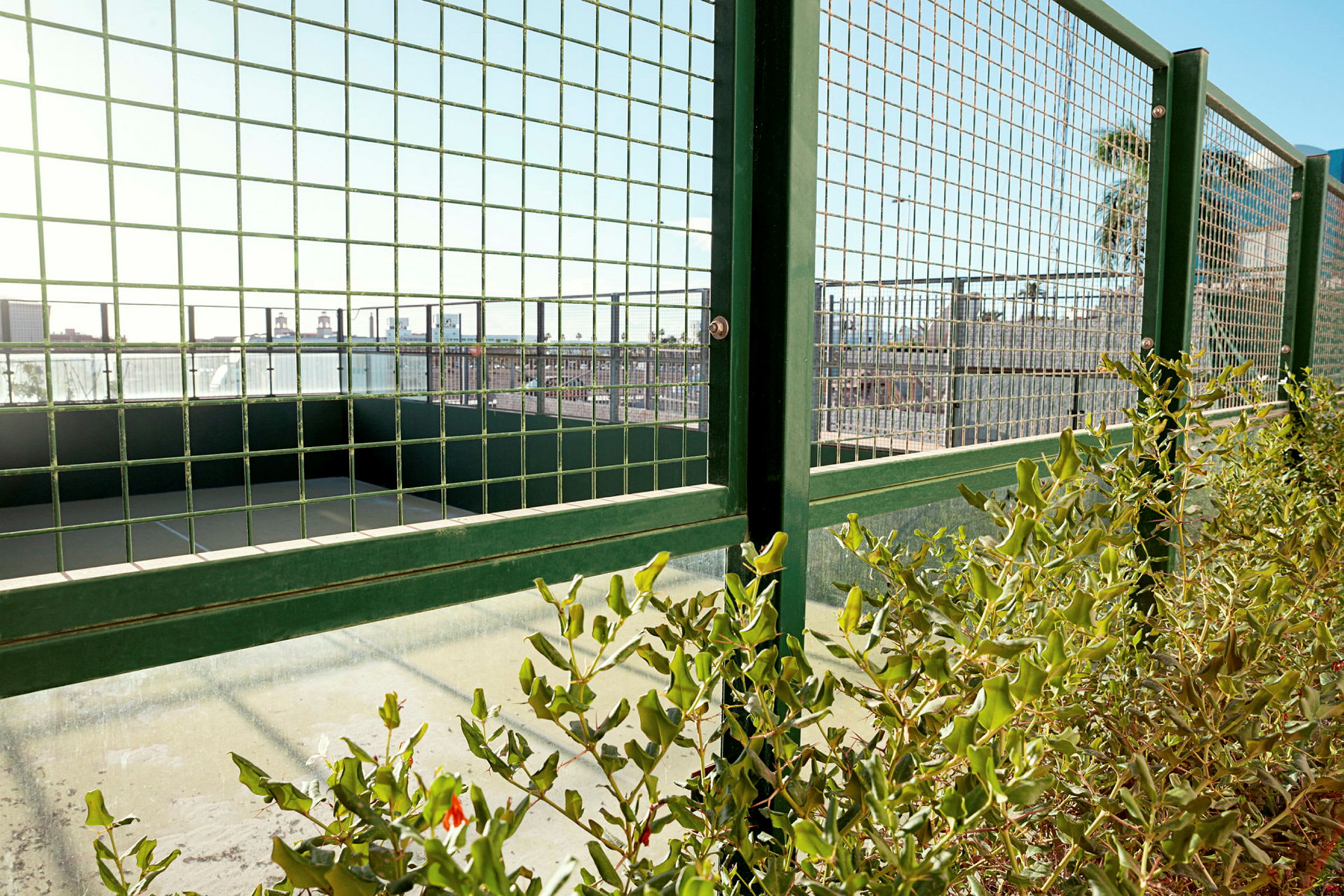 Kuvassa vihreä ritiläaita padelkentän edessä ja kasvillisuutta etualalla. (Tekoälyn luoma teksti)