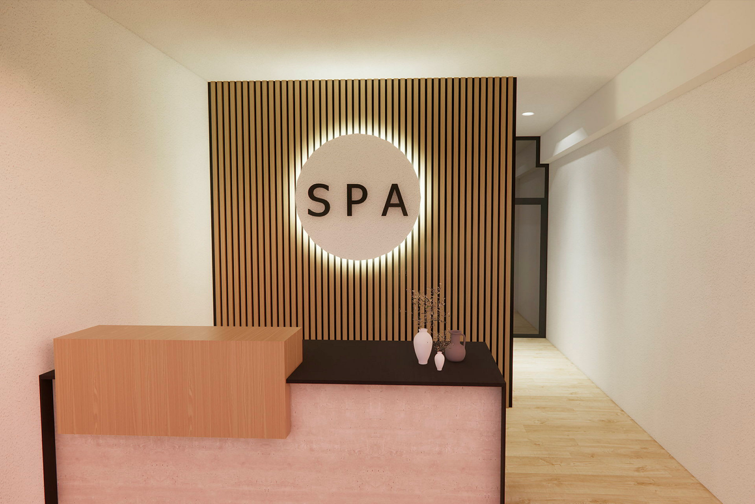Vastaanotto, jossa pöytä ja taustalla teksti "SPA" modernissa tilassa. (Tekoälyn luoma teksti)