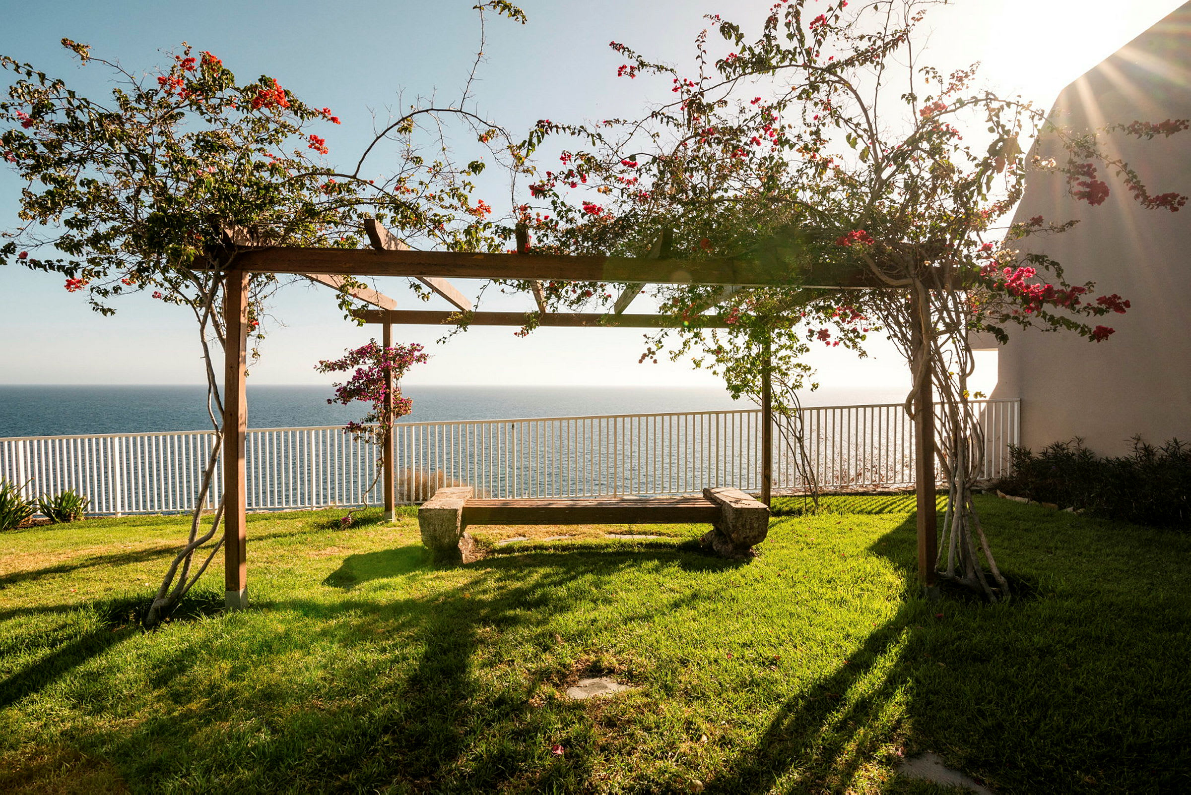 Pergola, jossa kukkivia kasveja ja penkki, meri taustalla. (Tekoälyn luoma teksti)