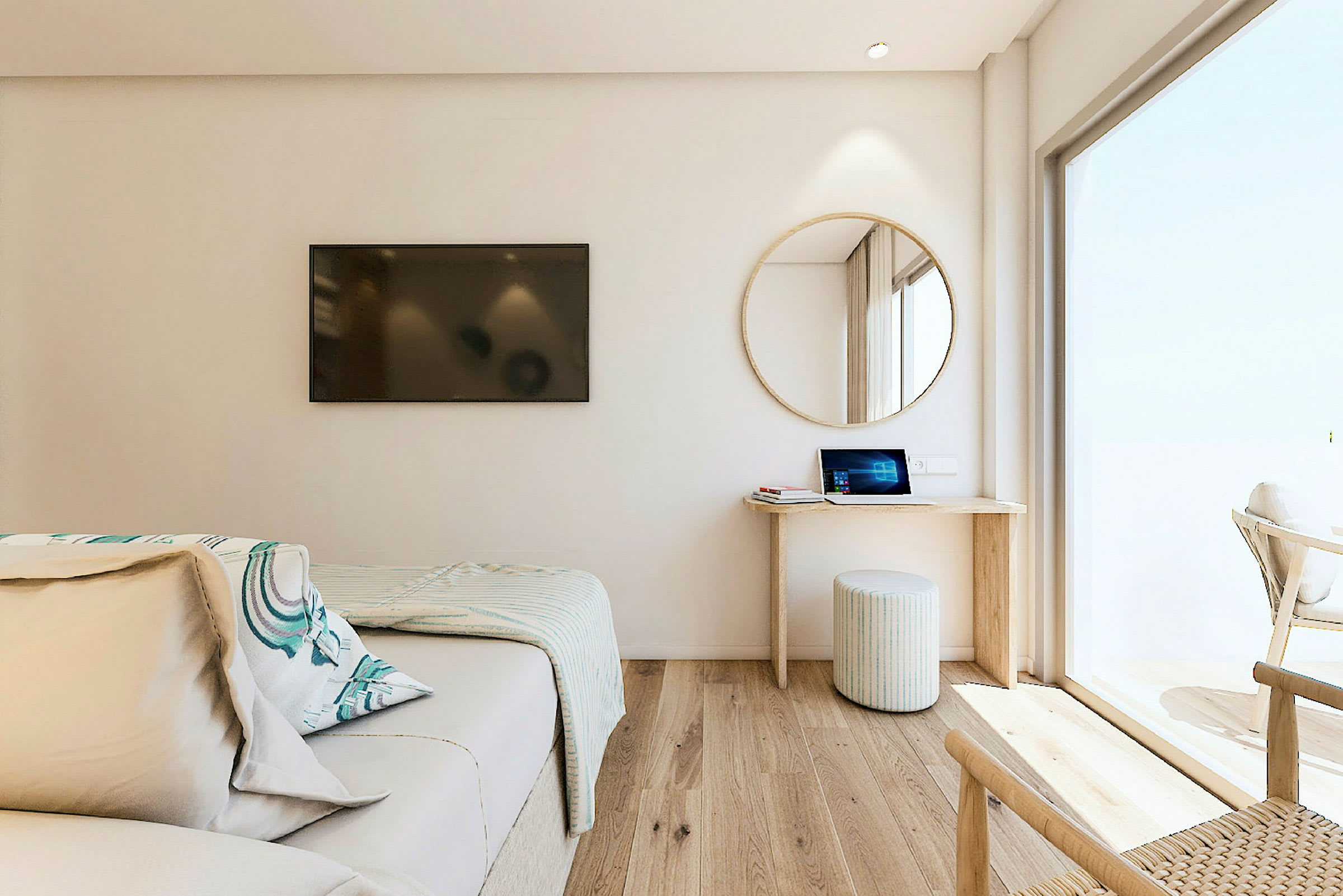 Moderni hotellihuone, jossa on sänky, kirjoituspöytä ja tuoli sekä peili seinällä. (Tekoälyn luoma teksti)