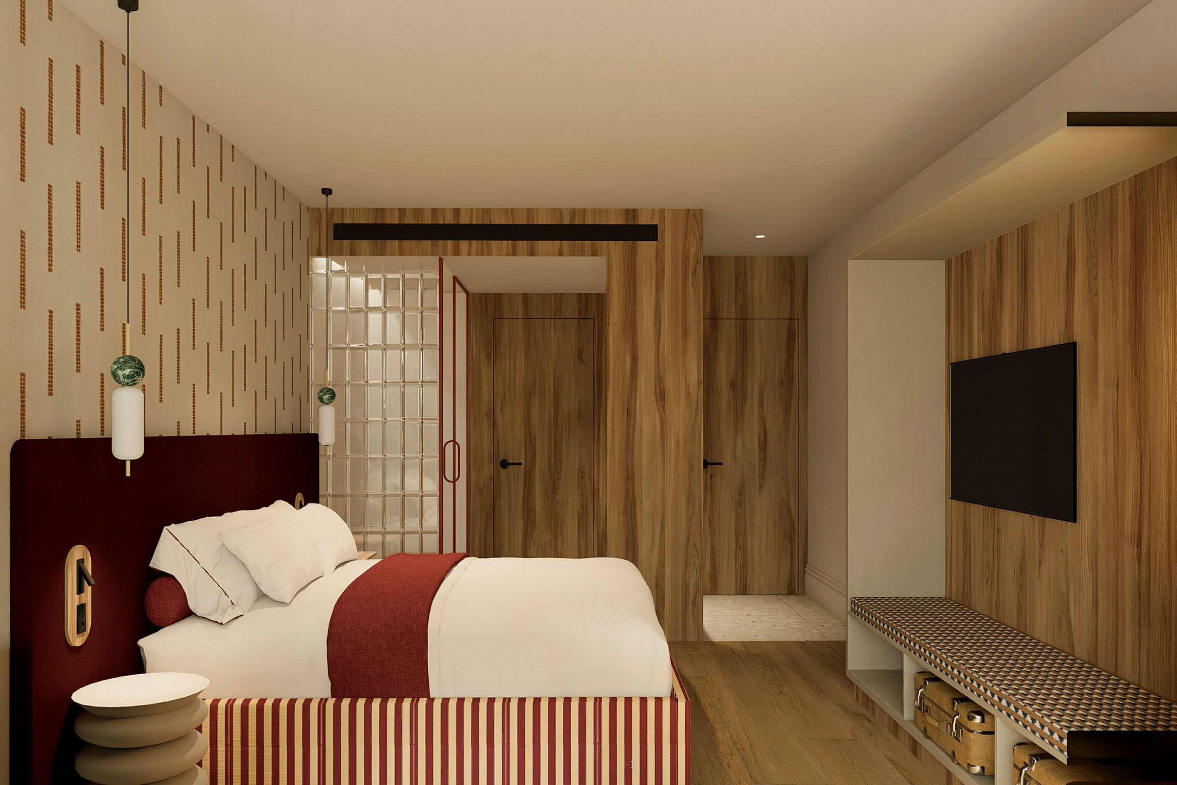 Hotellihuone, jossa on suuri parivuode, puupäällysteiset seinät ja moderni sisustus. (Tekoälyn luoma teksti)