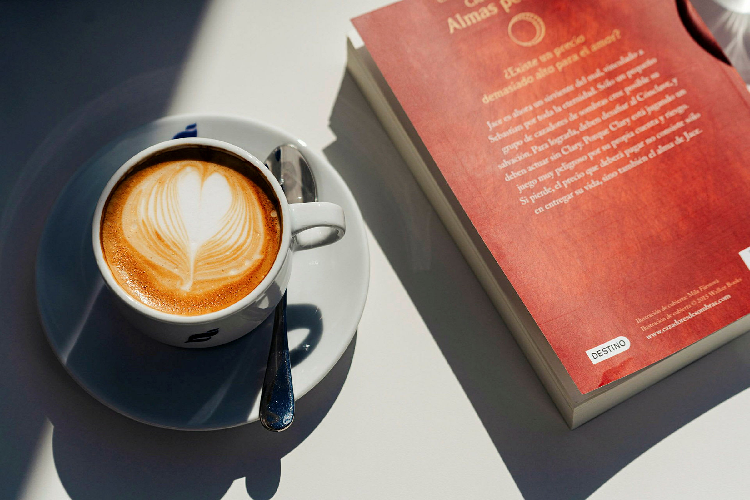 Kuppi cappuccinoa ja sydämen muotoista latte-taidetta kirjan, jossa on punaiset kannet, vieressä. (Tekoälyn luoma teksti)