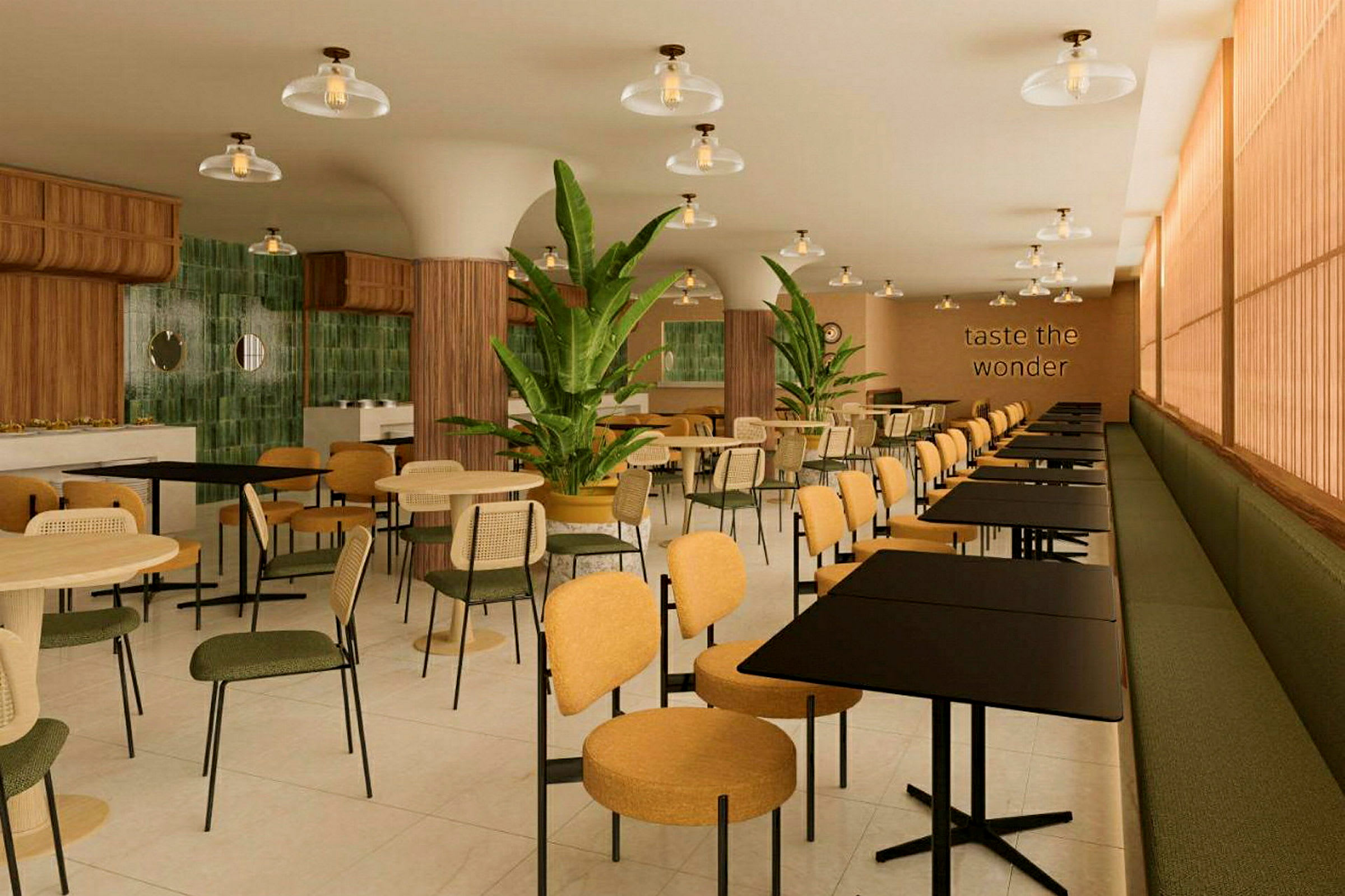 Moderni ravintola, jossa pöytiä, tuoleja ja vihreitä kasvikoristeita. (Tekoälyn luoma teksti)
