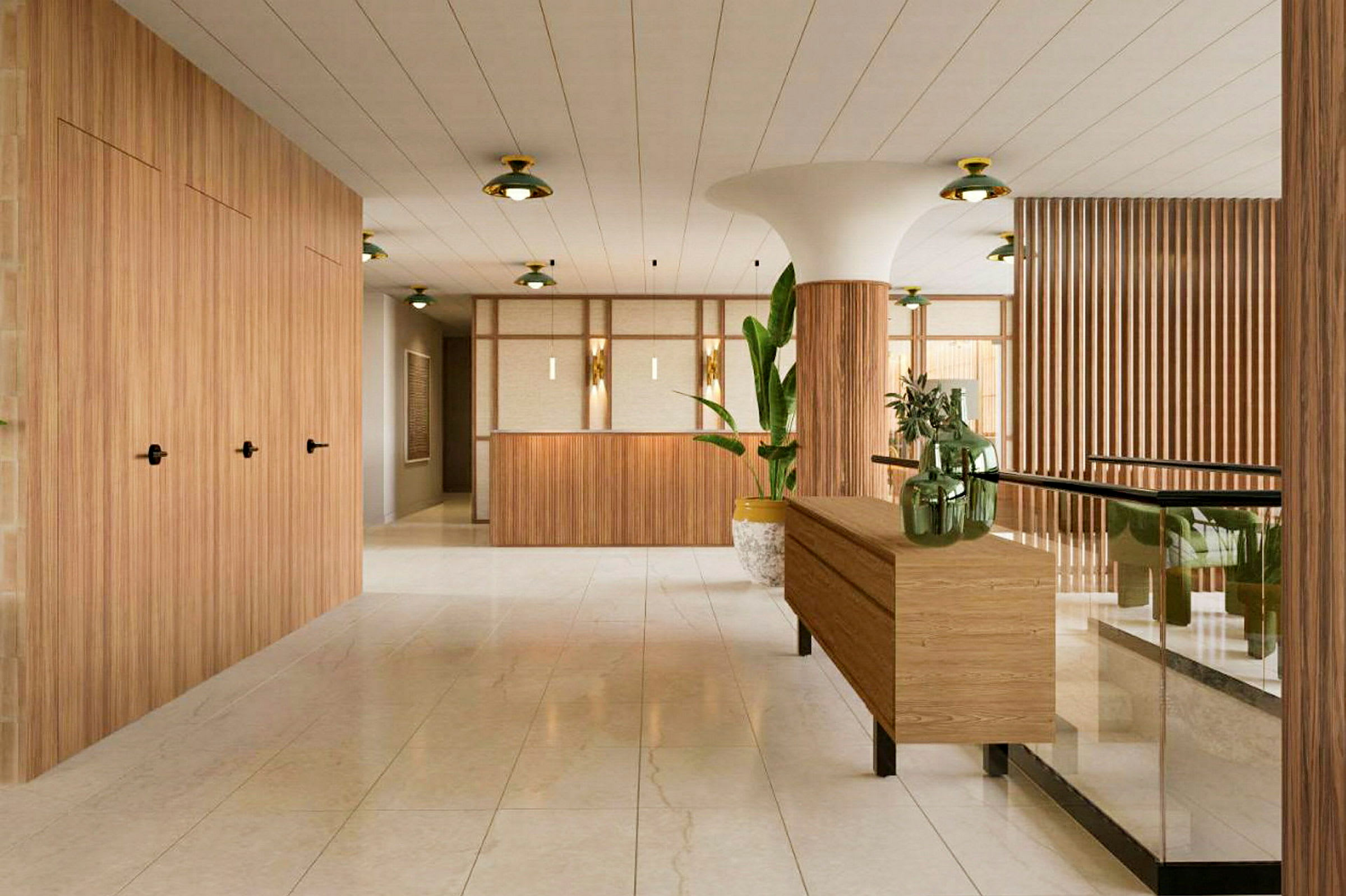 Hotelliaula modernilla sisustuksella ja puuyksityiskohdilla. (Tekoälyn luoma teksti)