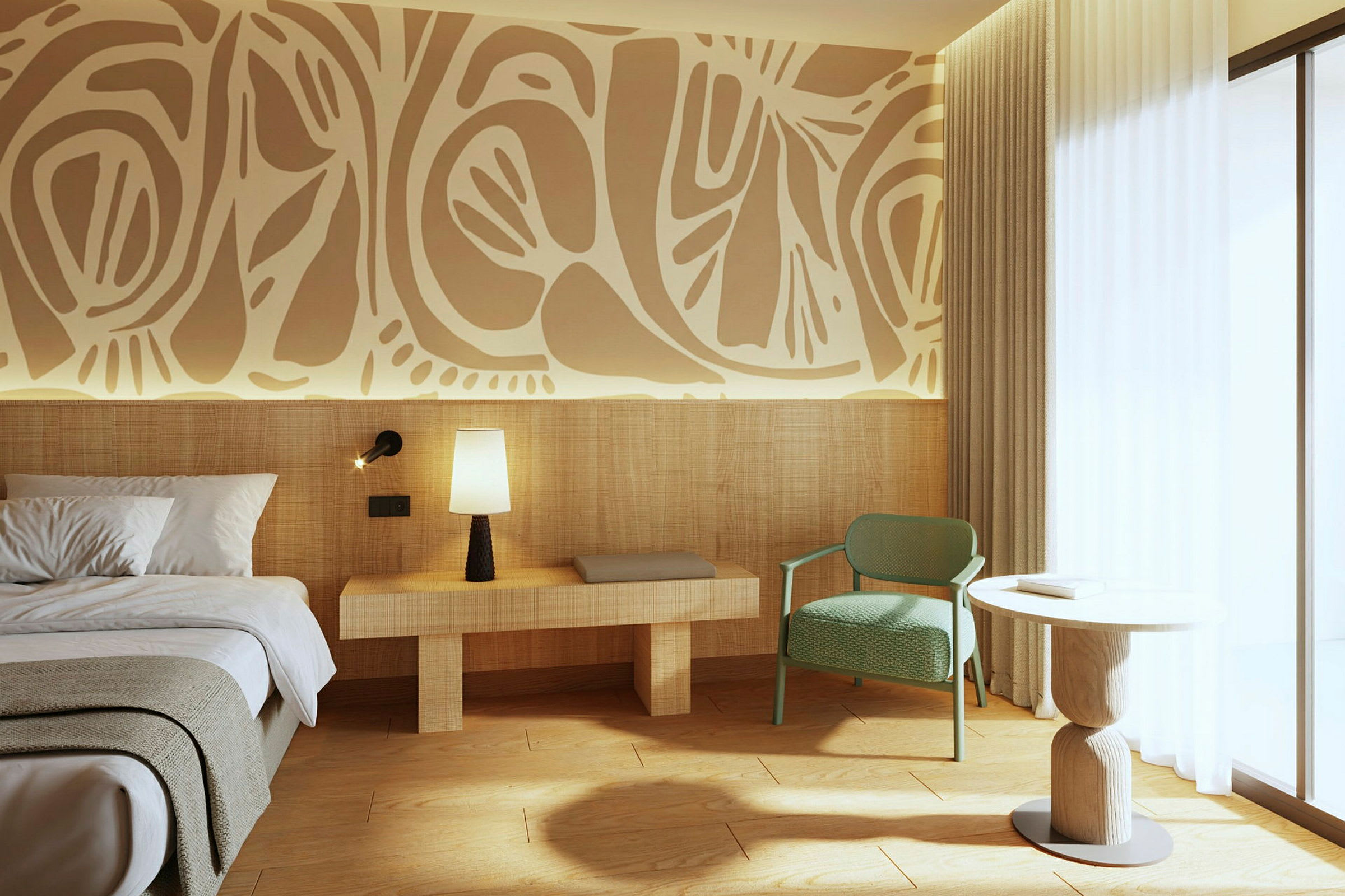 Kuva modernista hotellihuoneesta, jossa on koristeellista taidetta seinällä. Vasemmalla on sänky, yöpöytä lampulla, vihreä tuoli ja pyöreä pöytä suuren ikkunan vieressä. (Tekoälyn luoma teksti)