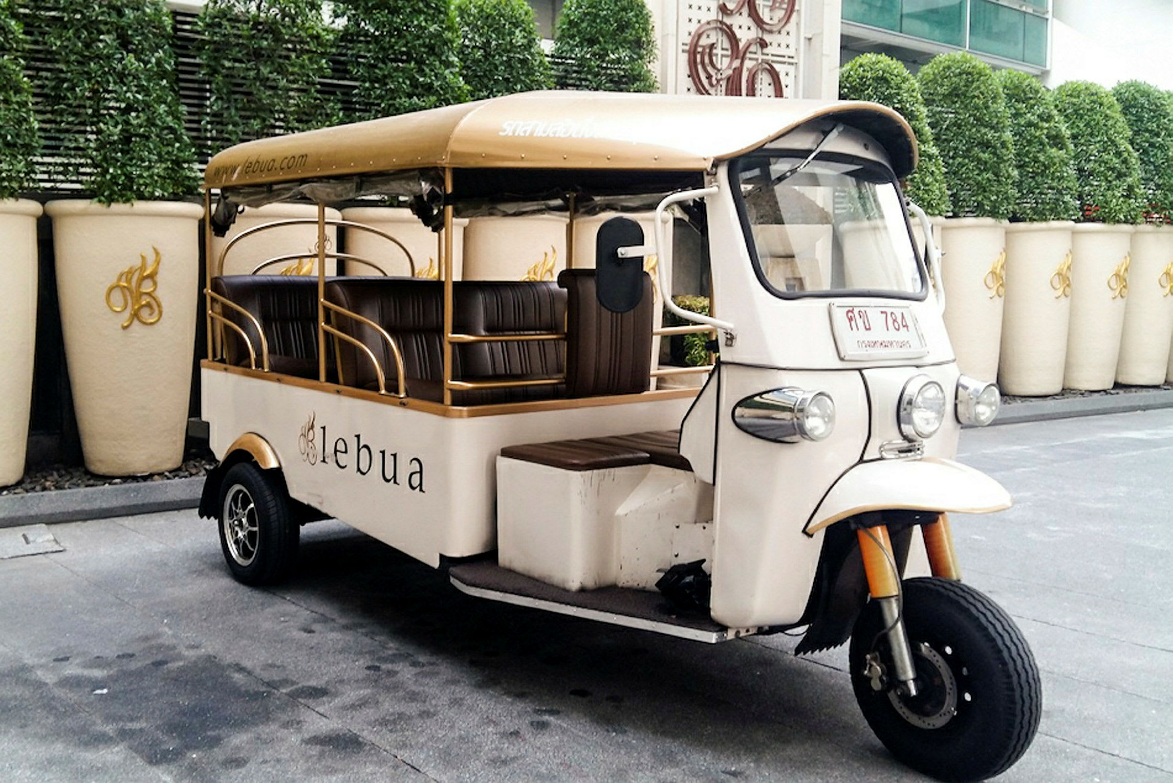 Valkoinen tuk-tuk, jossa on beige katto, on pysäköitynä suurten valkoisten ruukkujen ja vihreiden kasvien viereen. (Tekoälyn luoma teksti)