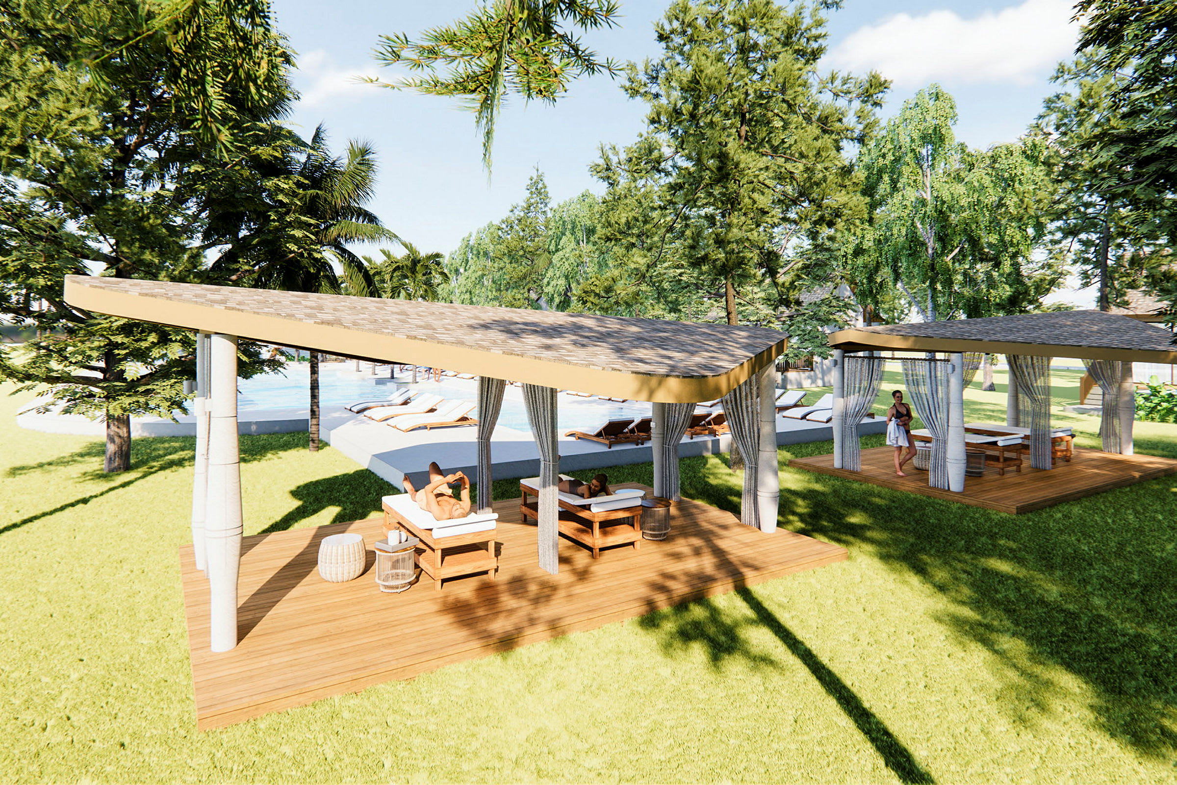 Yksityiset paviljongit aurinkotuoleineen ja allasalue taustalla. (Tekoälyn luoma teksti)