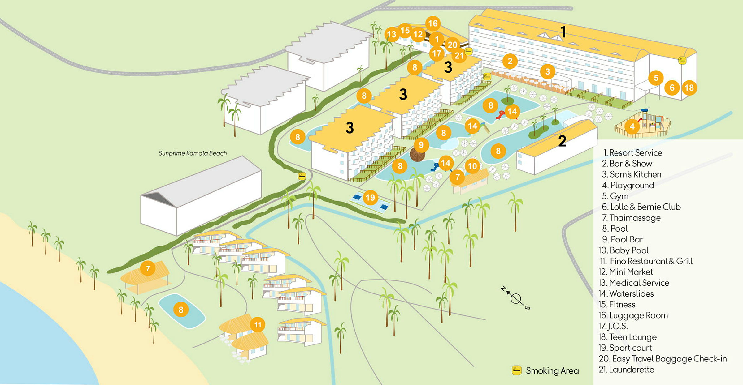 Sunprime Kamala Beach -lomakeskuksen alueen layout-kuva, merkitty palveluilla ja rakennuksilla. (Tekoälyn luoma teksti)