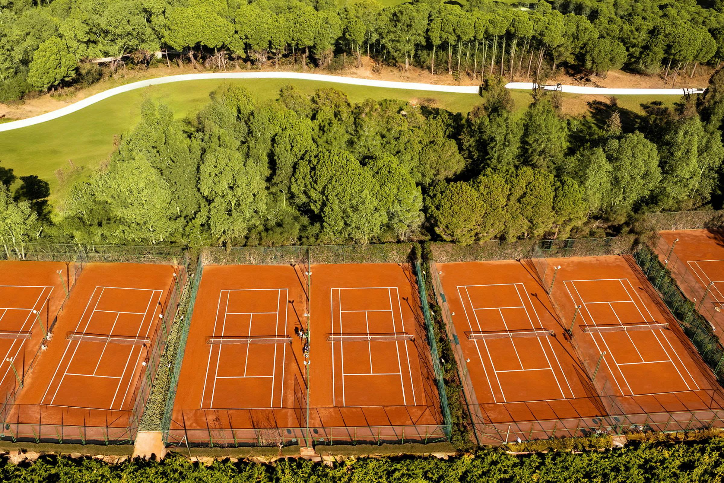 Kuva, jossa on useita tenniskenttiä puiden ympäröimänä. (Tekoälyn luoma teksti)