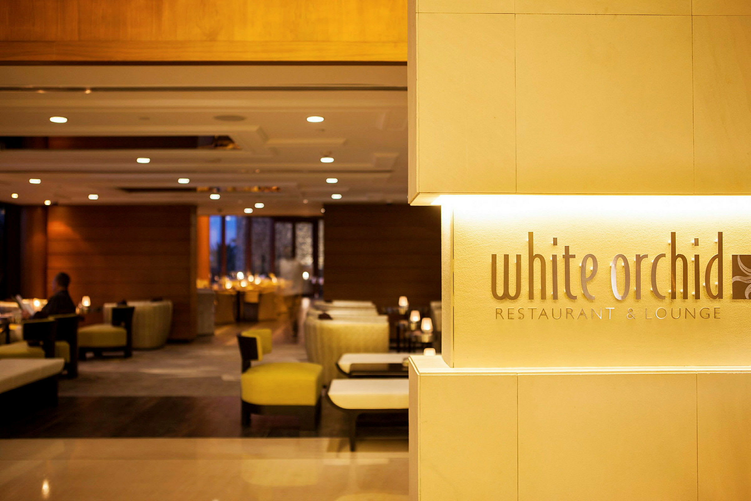 Kyltti, jossa lukee 'White Orchid Restaurant & Lounge', ravintolan sisäänkäynnillä, moderni ja tyylikäs sisustus. (Tekoälyn luoma teksti)