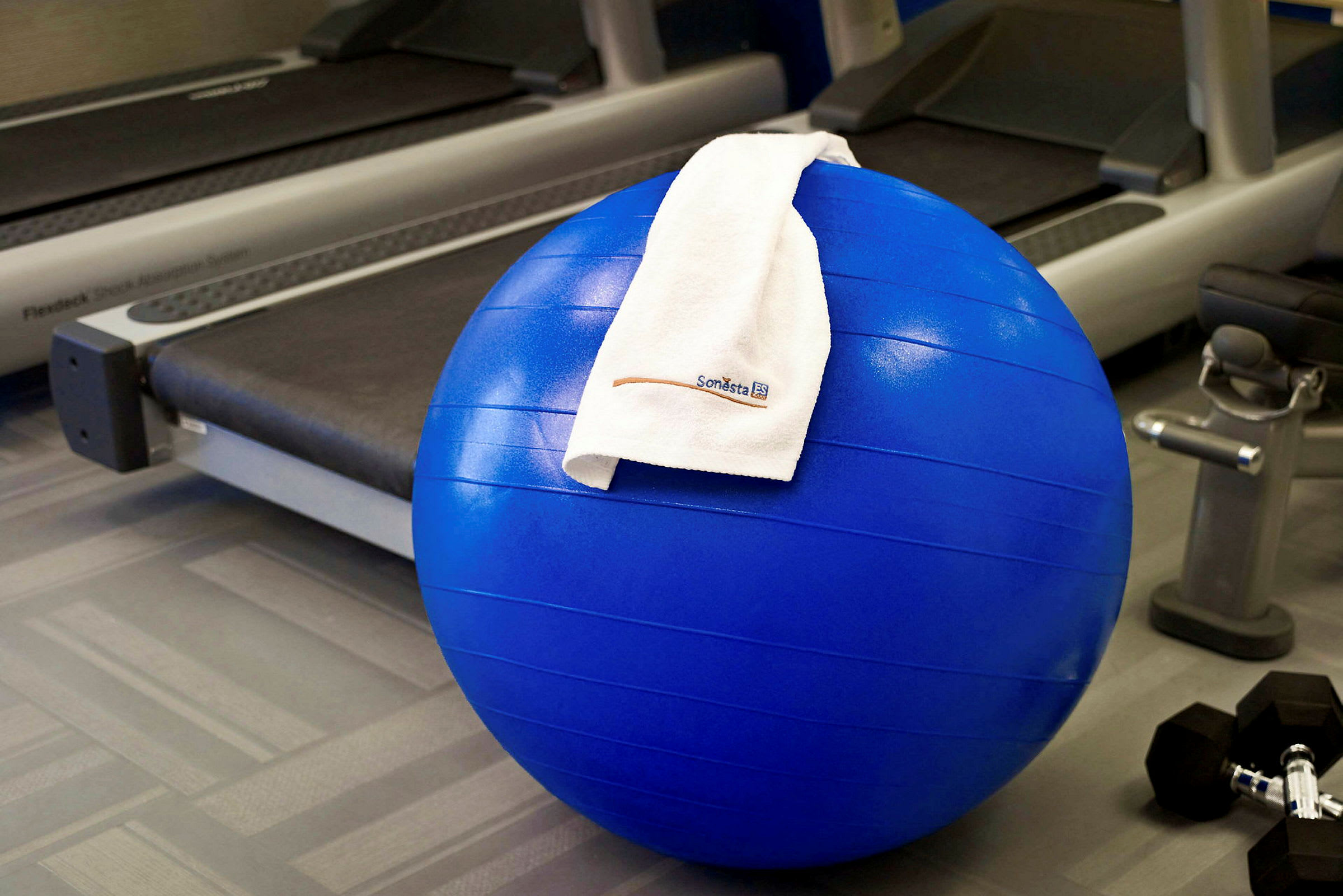 Sininen kuntoilupallo, jonka päällä on valkoinen pyyhe, kuntosalissa juoksumattojen ja käsipainojen vieressä. (Tekoälyn luoma teksti)