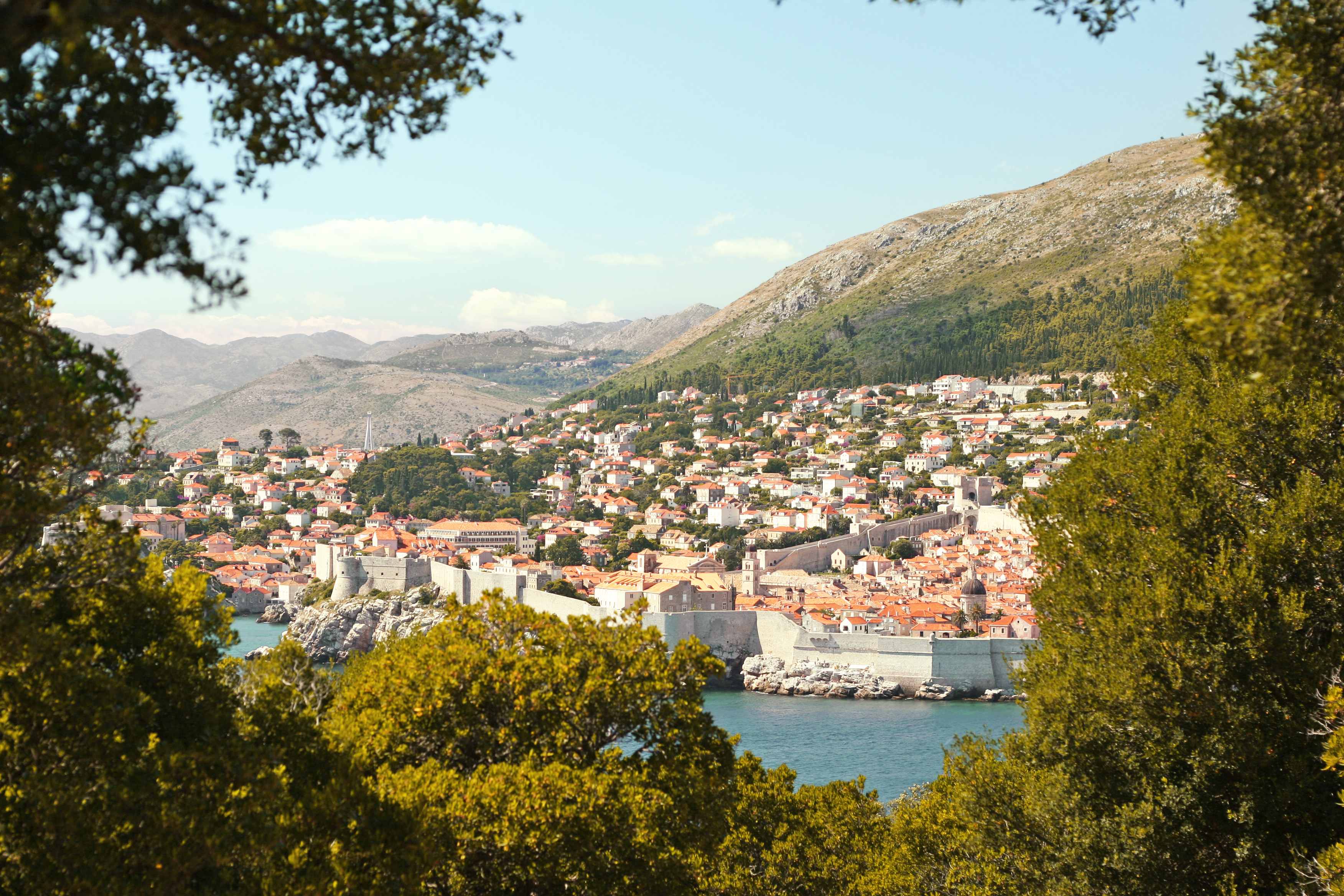 Näköala Dubrovnikiin, jossa näkyy historiallinen kaupunginmuuri, vehreyden ympäröimänä. (Tekoälyn luoma teksti)