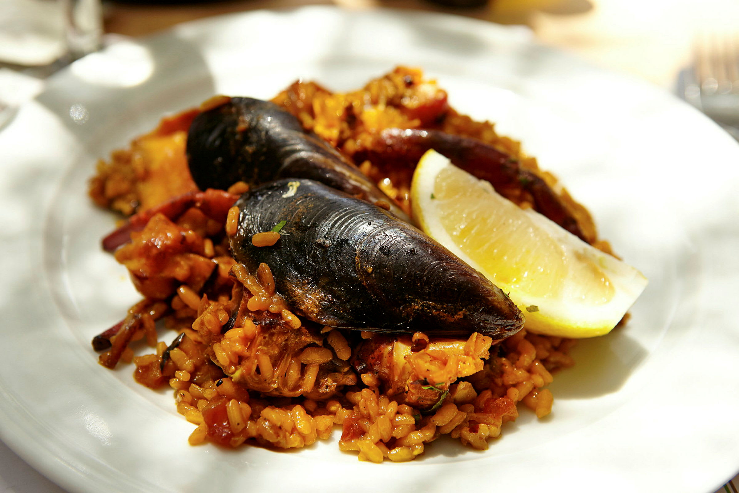 Lautanen, jossa on paellaa, joka sisältää sinisimpukoita, maustettua riisiä ja sitruunaviipaleen. (Tekoälyn luoma teksti)