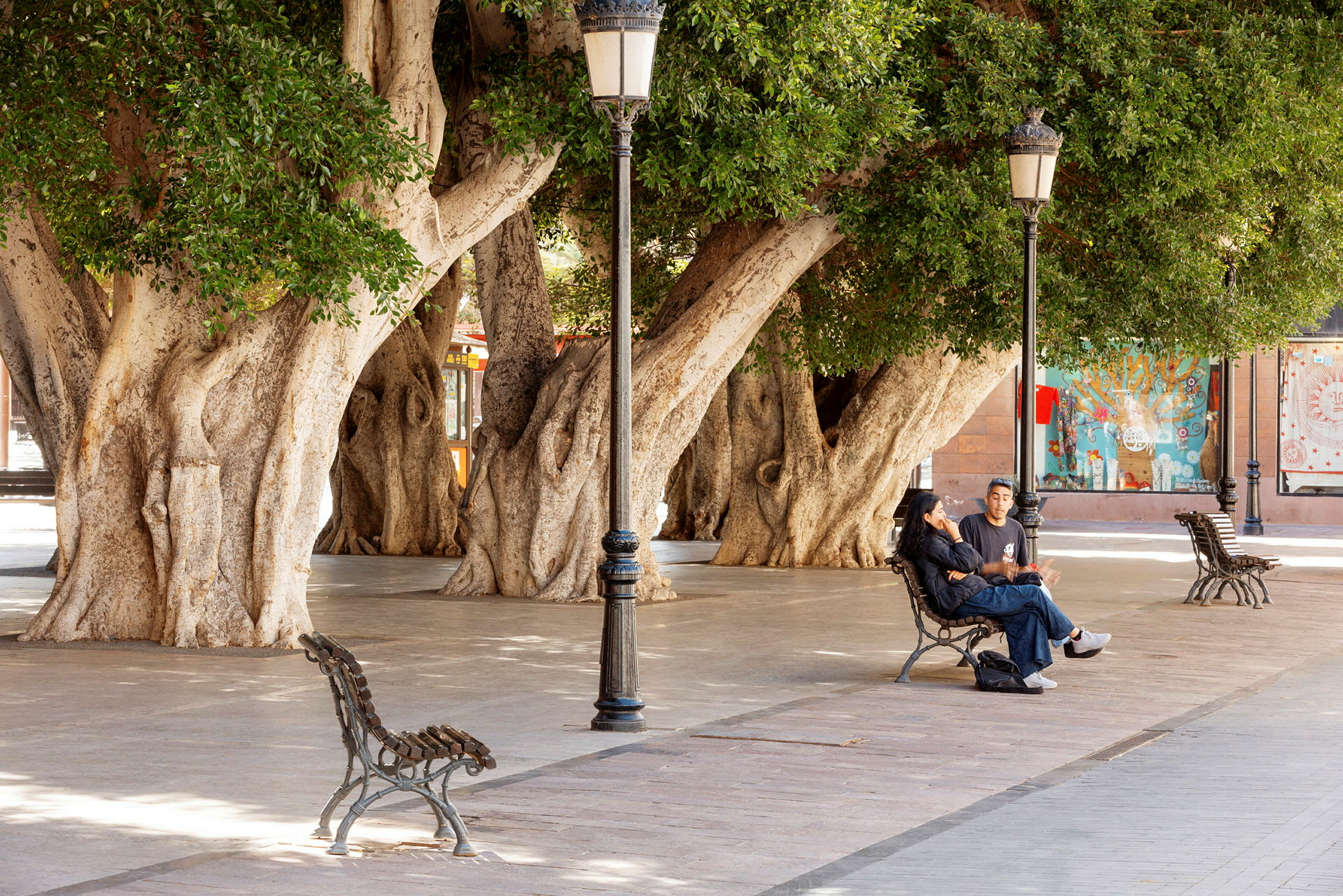 Puisto, jossa on suuria vanhanaikaisia puita ja penkkejä. (Tekoälyn luoma teksti)
