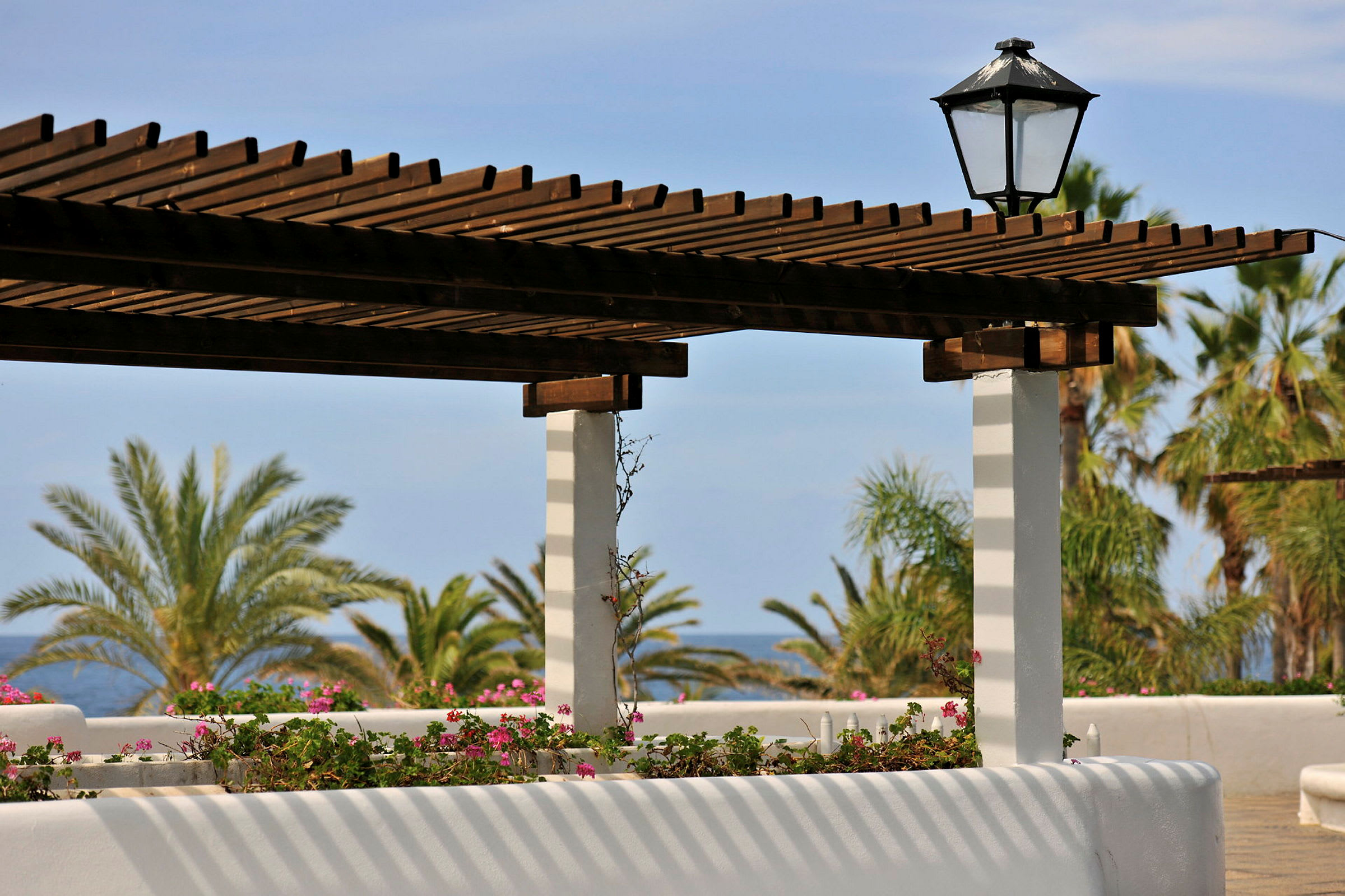 Pergola puupalkeilla ja kukka-asetelmilla, taustalla palmuja ja meri. (Tekoälyn luoma teksti)