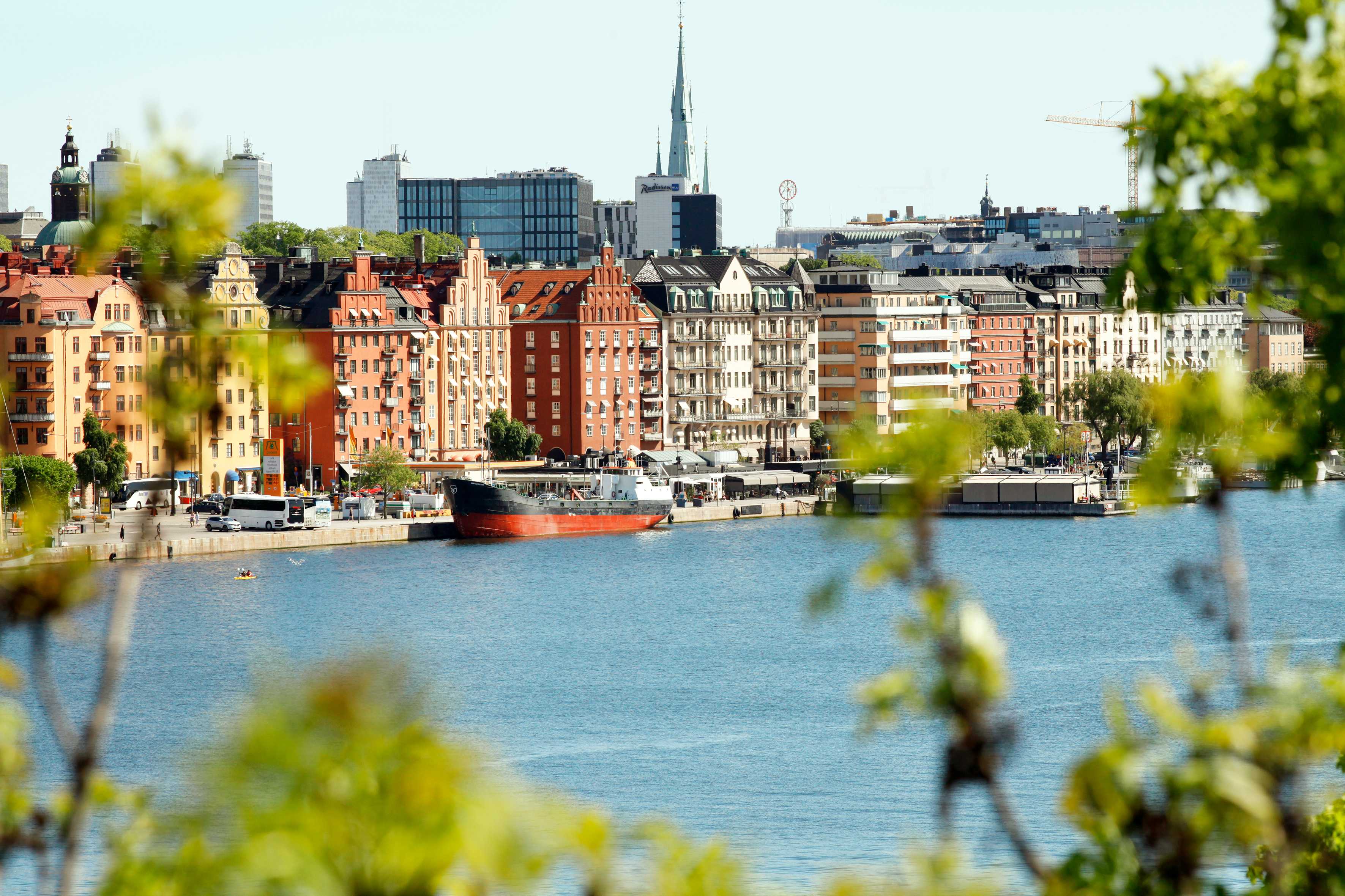 Näkymä rantaviivasta, jolla rakennuksia ja veneitä veden äärellä, osittain kehystettynä vehreydellä. (Tekoälyn luoma teksti)