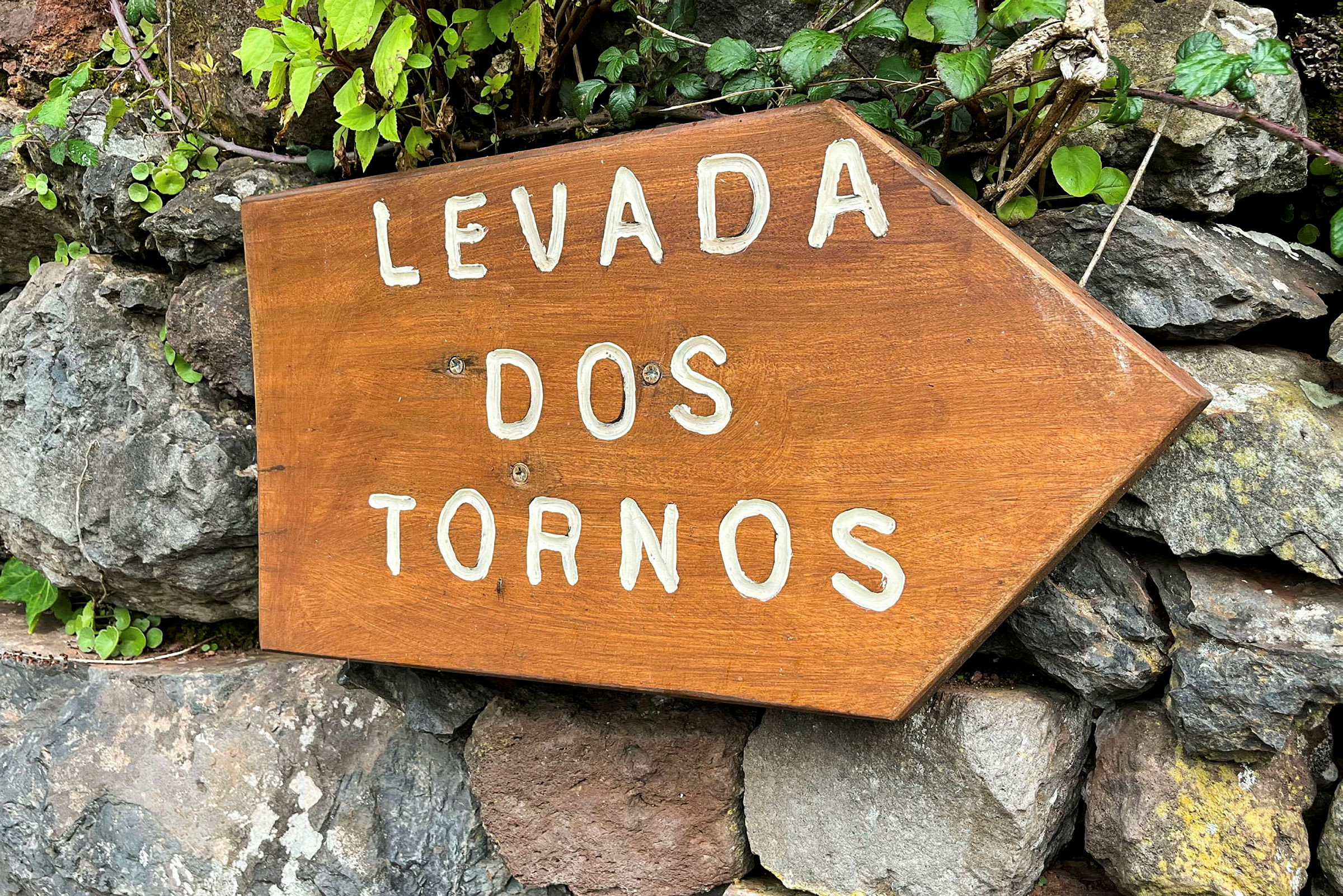 Puinen kyltti, jossa lukee 'Levada dos Tornos', taustanaan kiviä ja kasveja. (Tekoälyn luoma teksti)