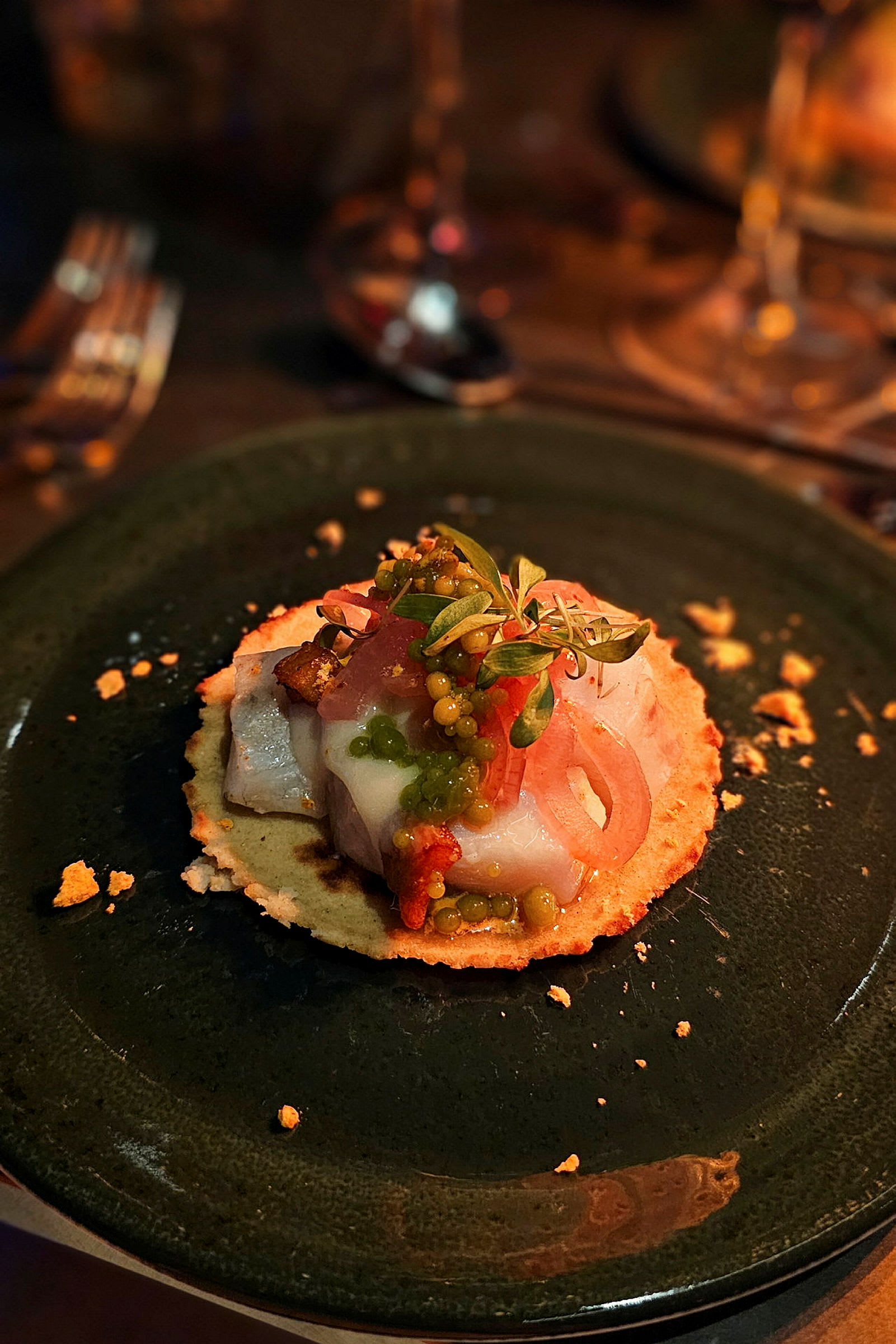 Lautasella on gourmet-alkuruoka, joka koostuu ohutleivästä, kalasta, vihanneksista ja yrteistä. (Tekoälyn luoma teksti)