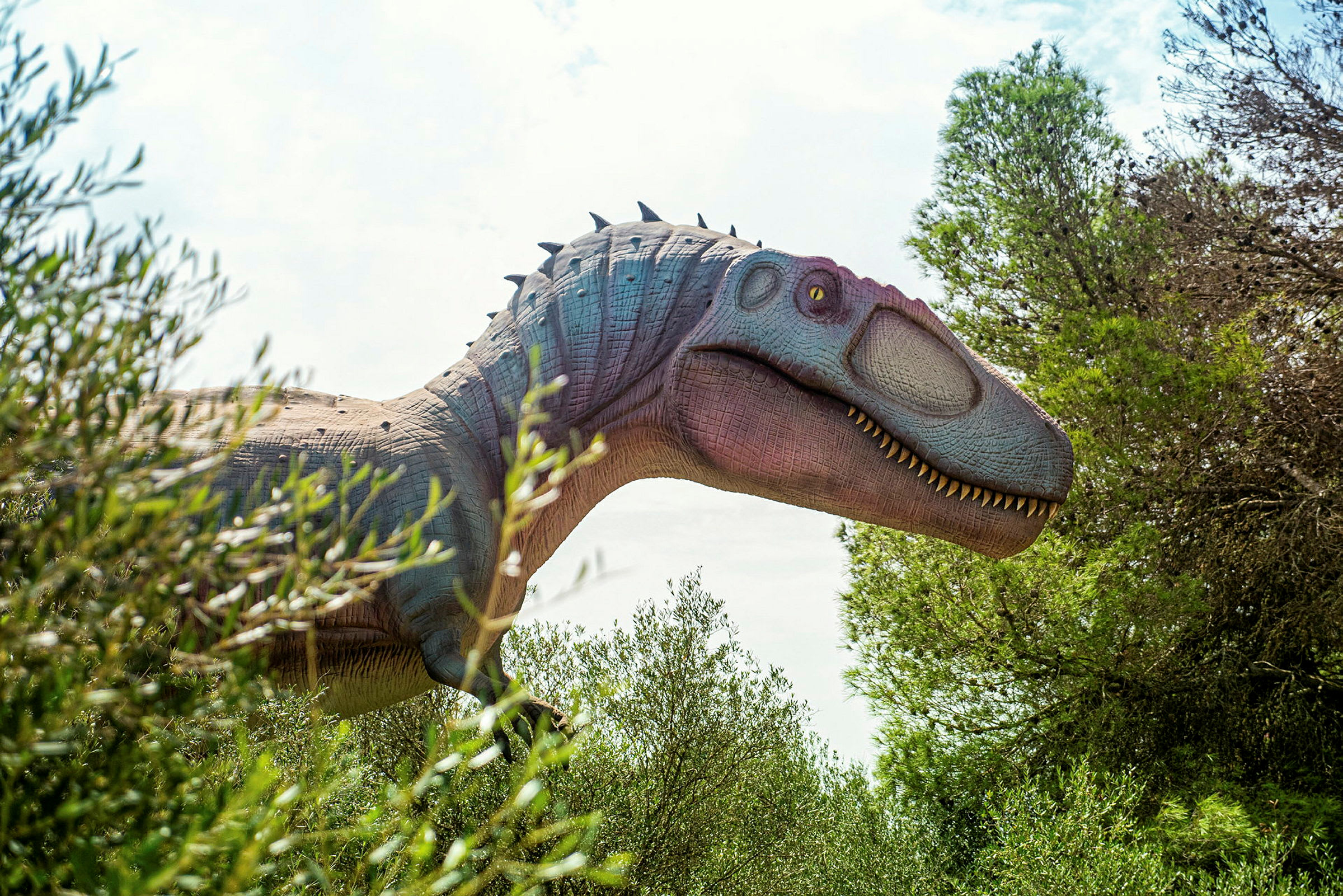 Dinosauruksen jäljennös näkyy osittain kasvillisuuden ja puiden joukossa. (Tekoälyn luoma teksti)