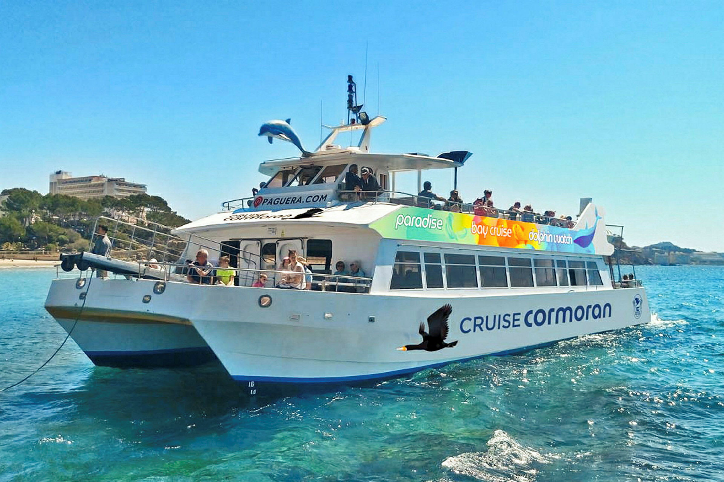 Laiva nimeltä 'Cruise Cormoran' vedessä, ympärillään matkustajia, sininen taivas ja maisema taustalla. (Tekoälyn luoma teksti)